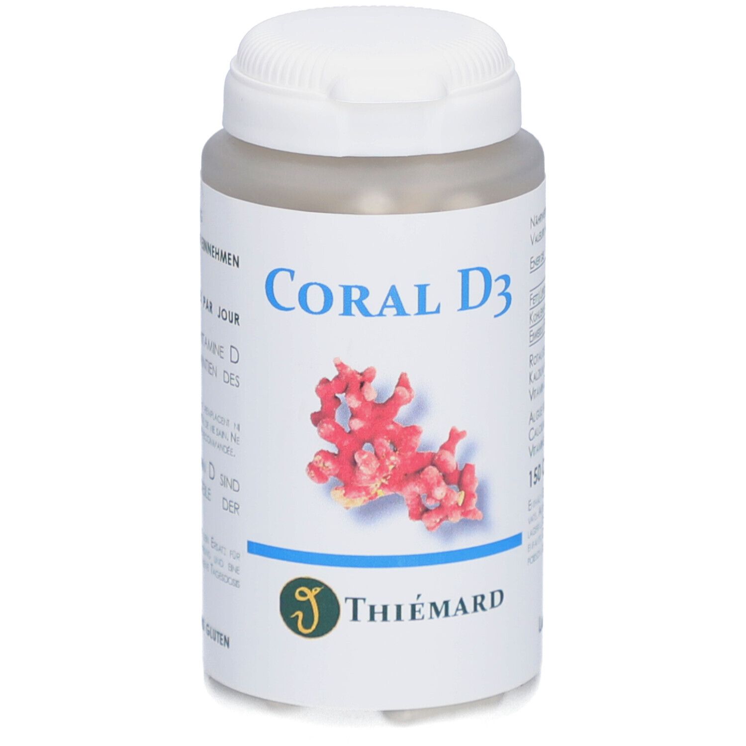 Weißes Pillenbehälter mit Aufschrift "Coral D3". Logo von Thiemard. Abbildung einer Koralle.