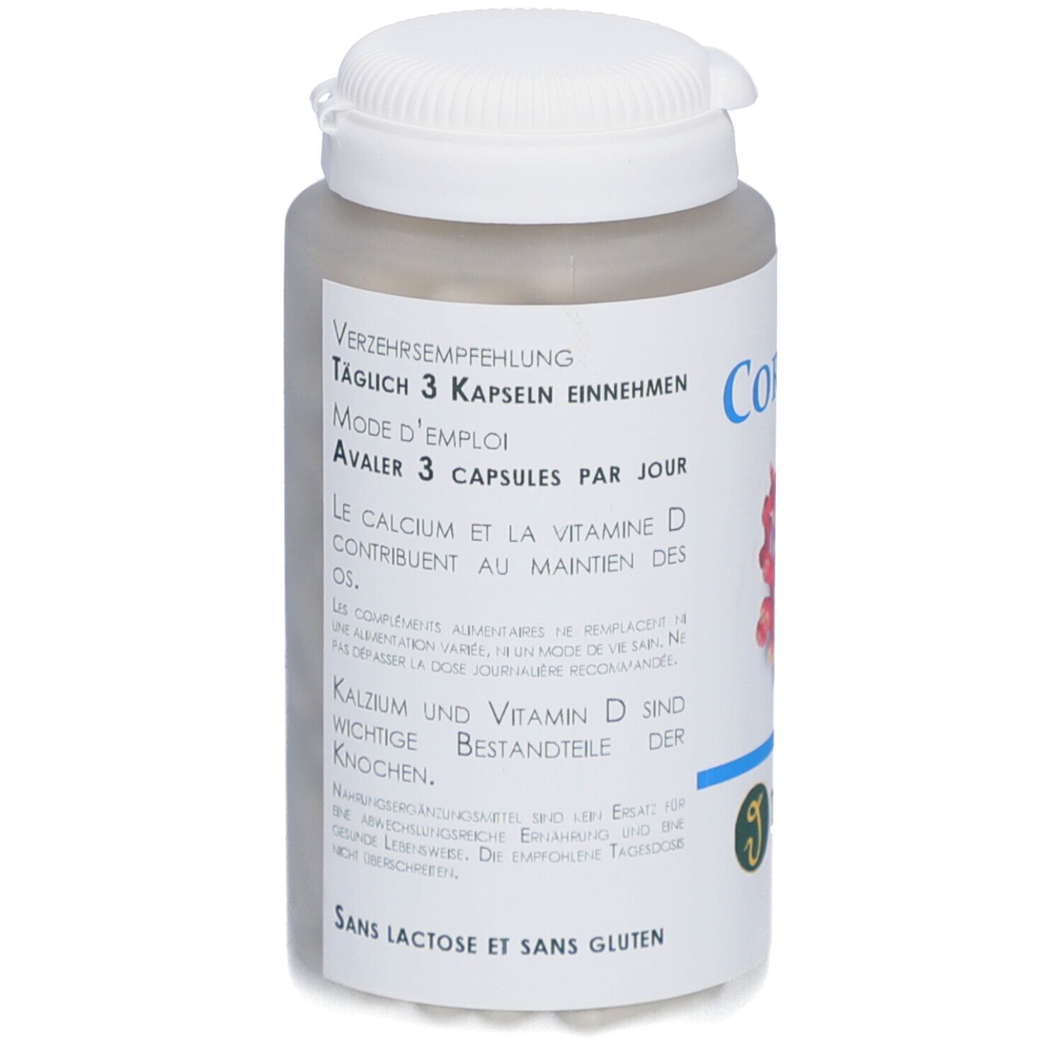 Rückseite des weißen Pillenbehälters. Text in Deutsch und Französisch. Aufschrift "Sans lactose et sans gluten".