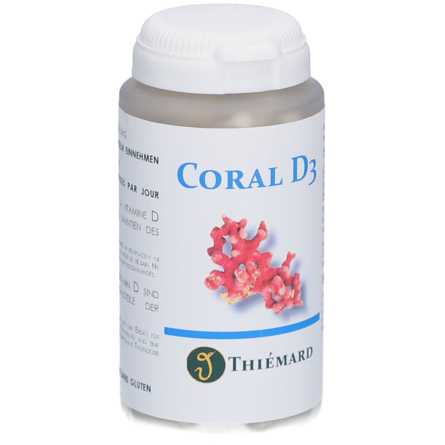 Weißer Pillenbehälter mit Aufschrift "Coral D3". Logo von Thiemard. Abbildung einer Koralle.