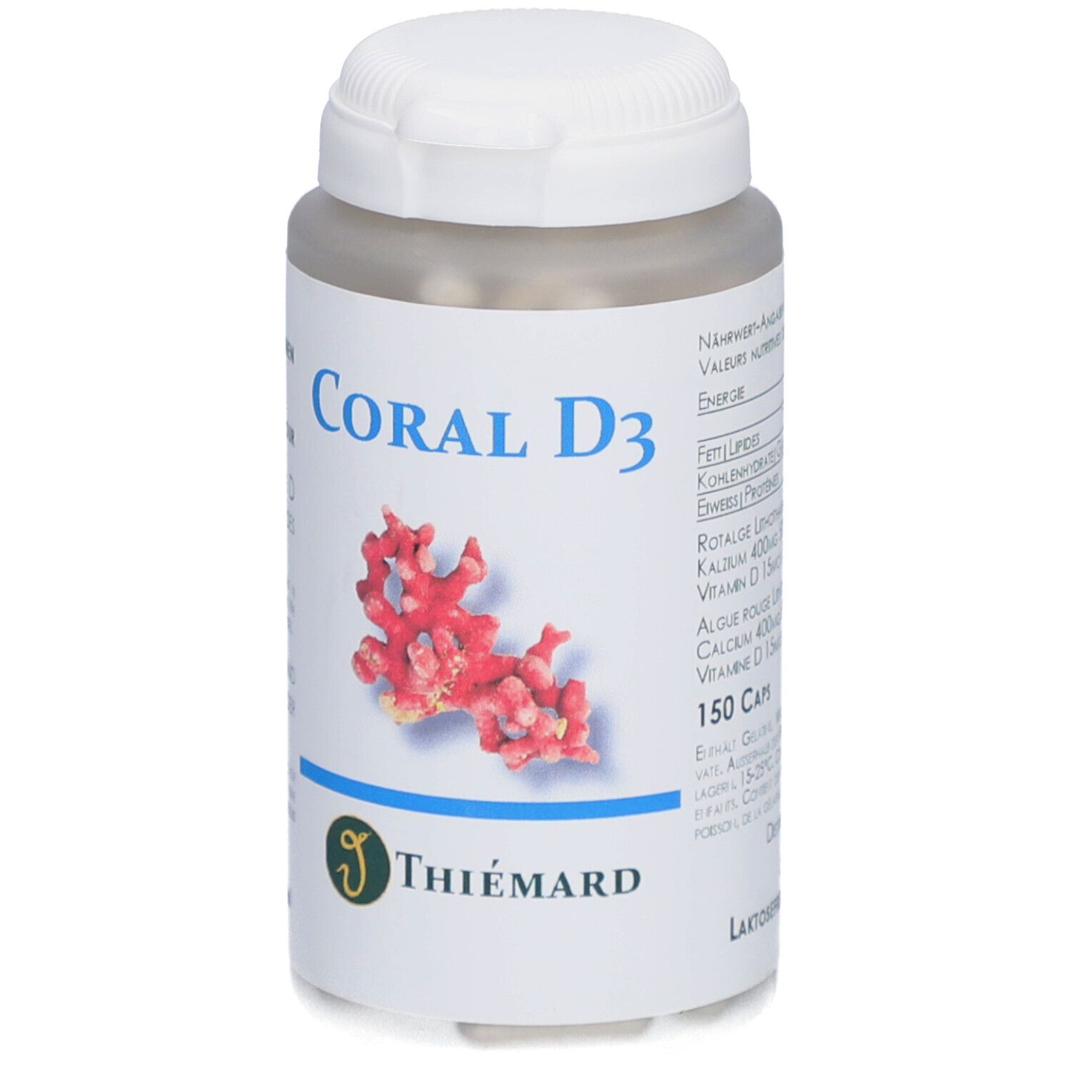 Weißer Pillenbehälter mit Aufschrift "Coral D3". Logo von Thiemard. Abbildung einer Koralle. 150 Kapseln.