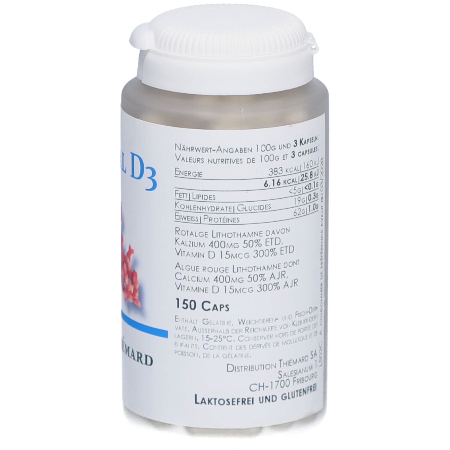 Weißer Pillenbehälter mit Aufschrift "Coral D3". Logo von Thiemard. 150 Kapseln. Nährwertangaben.