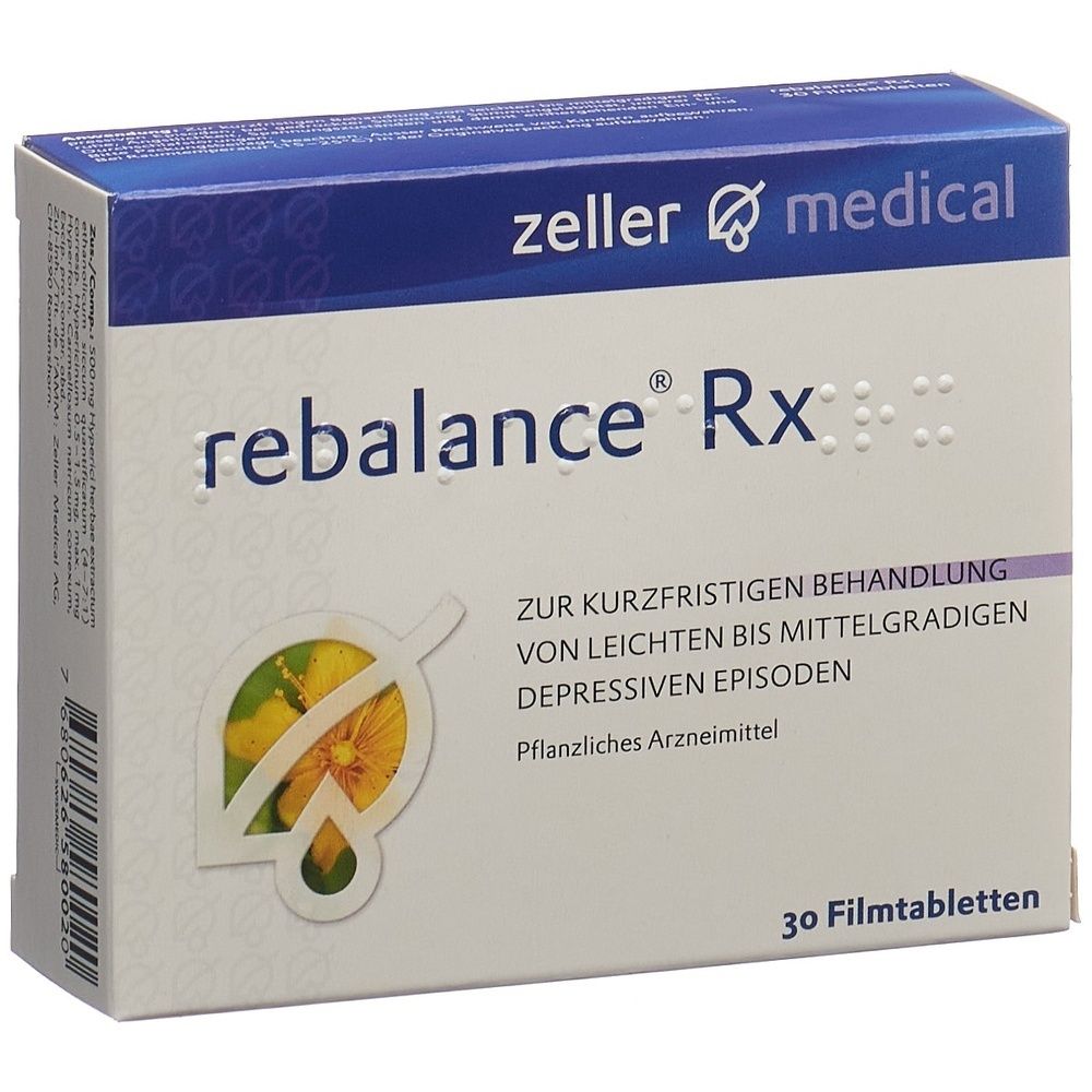 Karton mit blauer Oberseite. Aufschrift: rebalance Rx. Darunter Produktinformationen. Auf der Seite Logo und weitere Informationen.