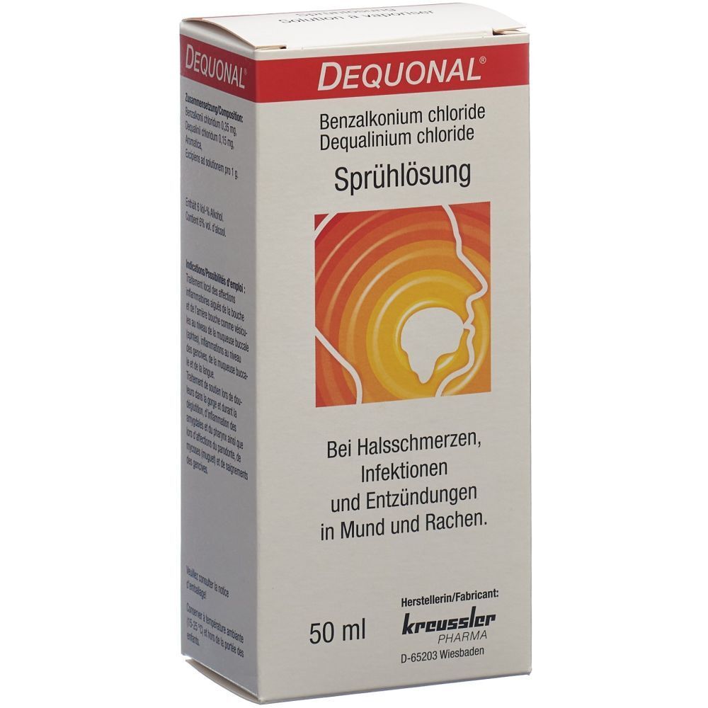 Kartonverpackung mit Produktnamen DEQUONAL. Aufschrift: Sprühlösung. Illustration eines Mundes. Text: Bei Halsschmerzen, Infektionen.
