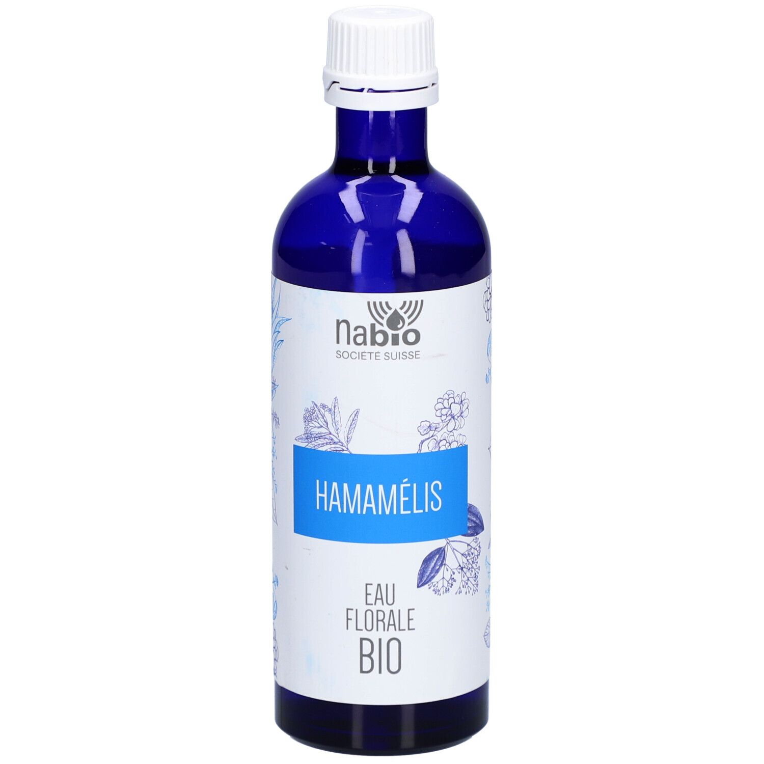 Blaue Glasflasche mit weißem Deckel. Aufschrift: HAMAMÉLIS, EAU FLORALE BIO. NABIO SOCIETE SUISSE Logo.