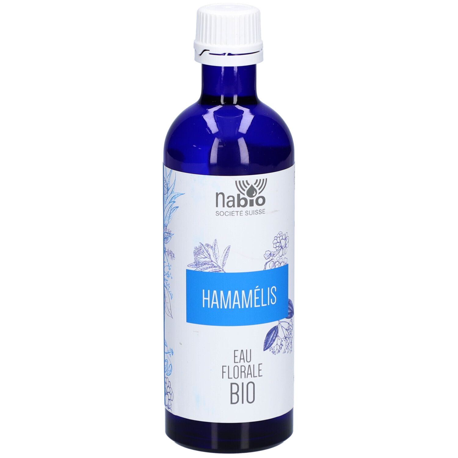 Blaue Glasflasche mit weißem Deckel. Aufschrift: HAMAMÉLIS, EAU FLORALE BIO. NABIO SOCIETE SUISSE Logo.