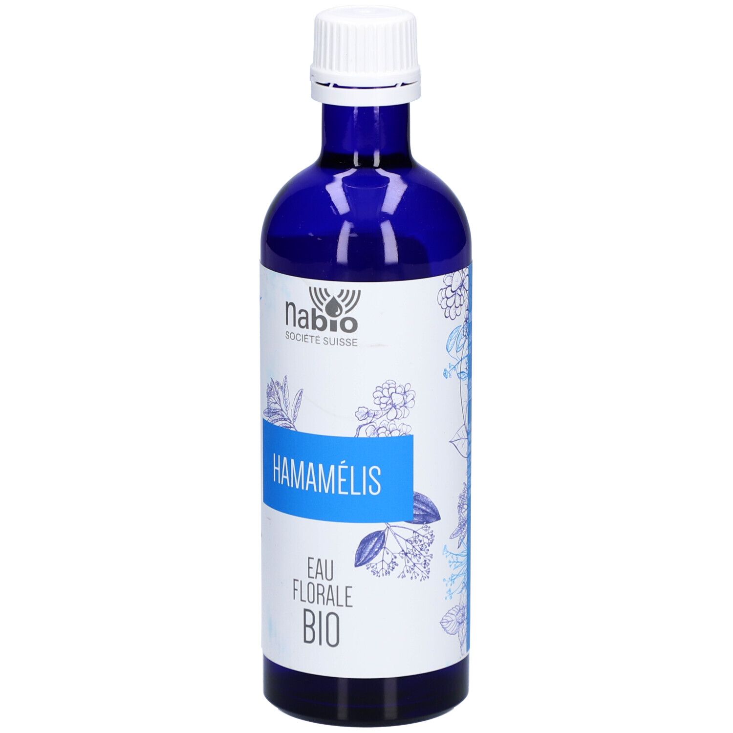 Blaue Glasflasche mit weißem Deckel. Aufschrift: HAMAMÉLIS, EAU FLORALE BIO. NABIO SOCIETE SUISSE Logo.