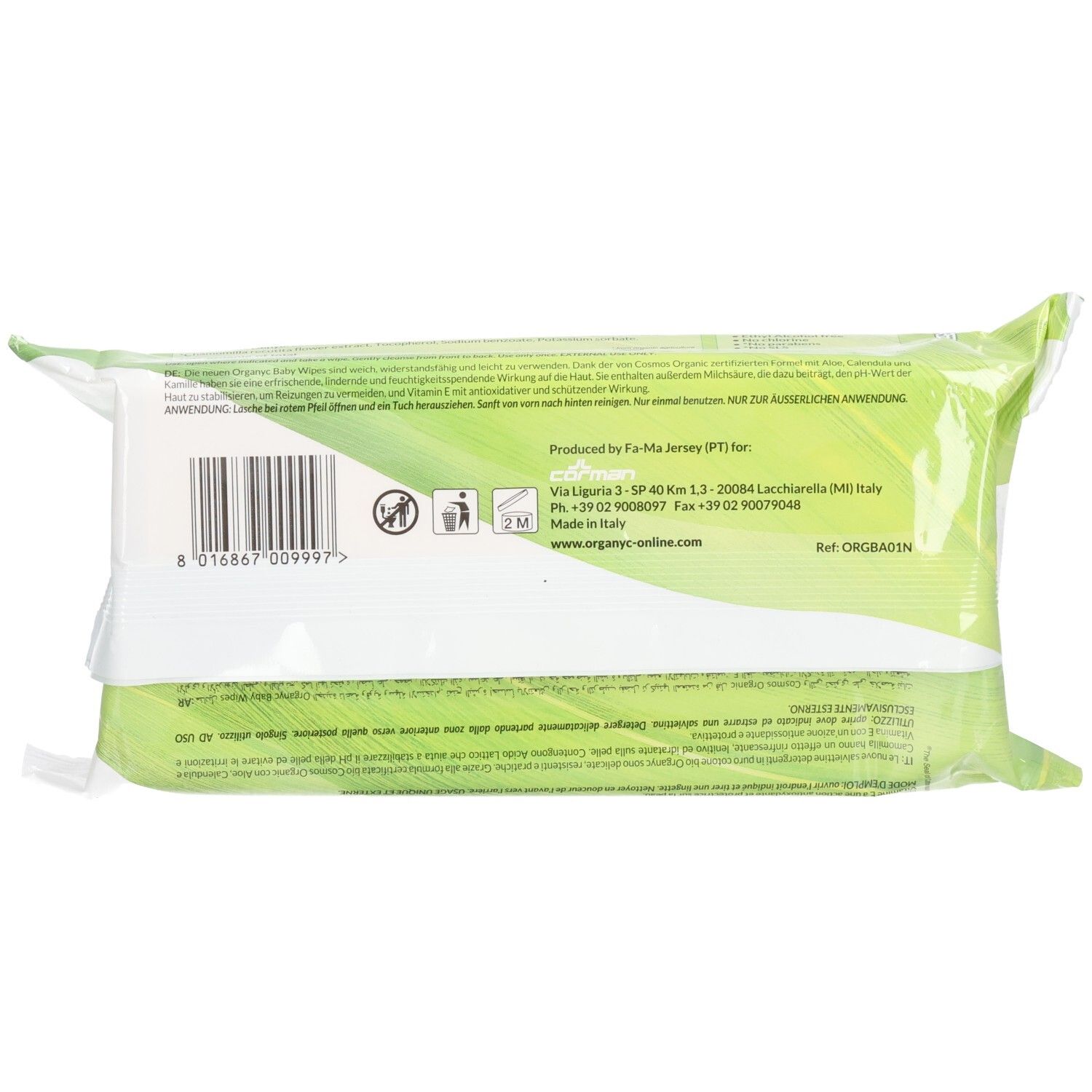 Dos du paquet de lingettes pour bébé ORGANYC. Contient du texte, un code-barres, des logos et les coordonnées du fabricant.