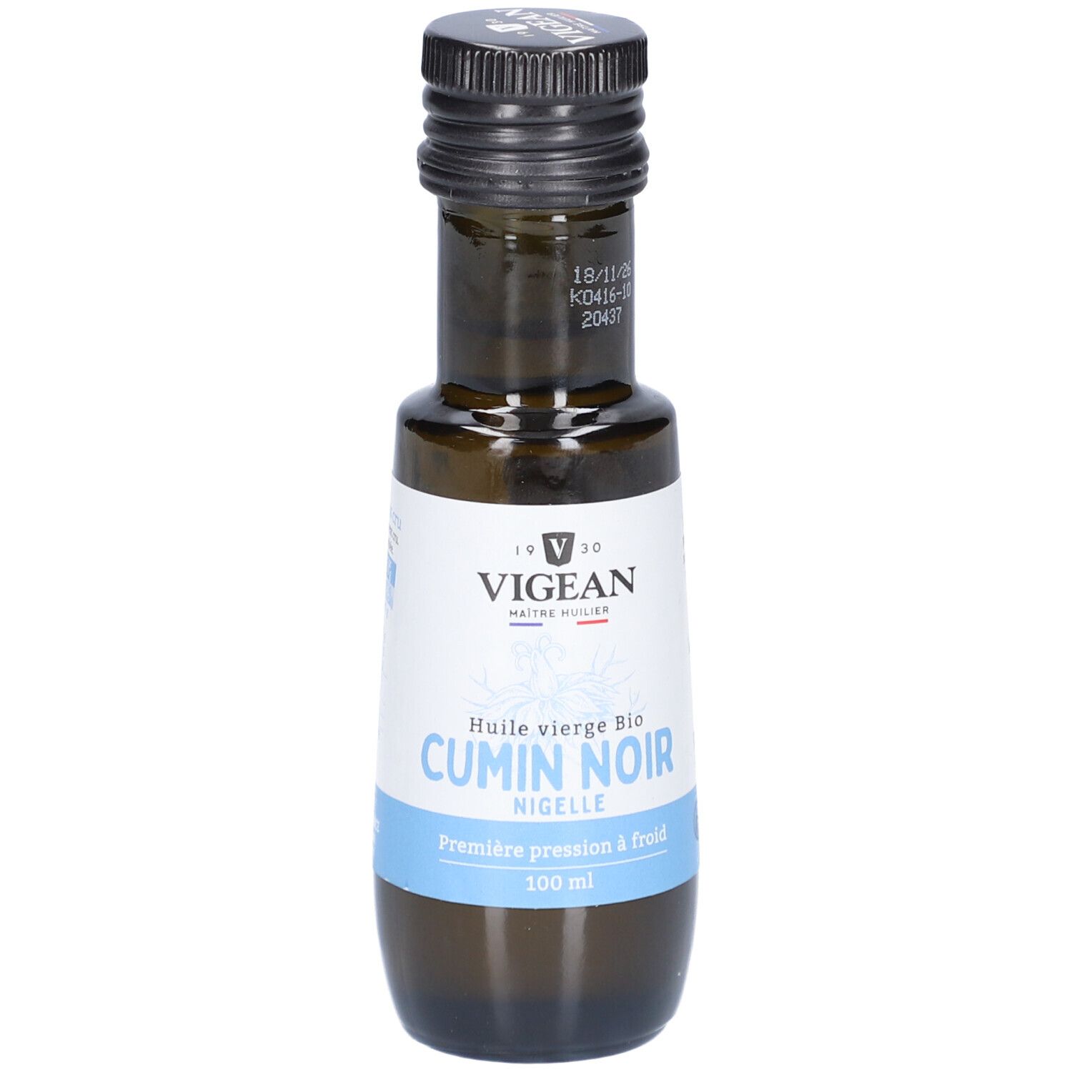 Braune Glasflasche mit schwarzem Deckel. Etikett mit "VIGEAN" und "CUMIN NOIR". Blaue Banderole mit Text. 100 ml.