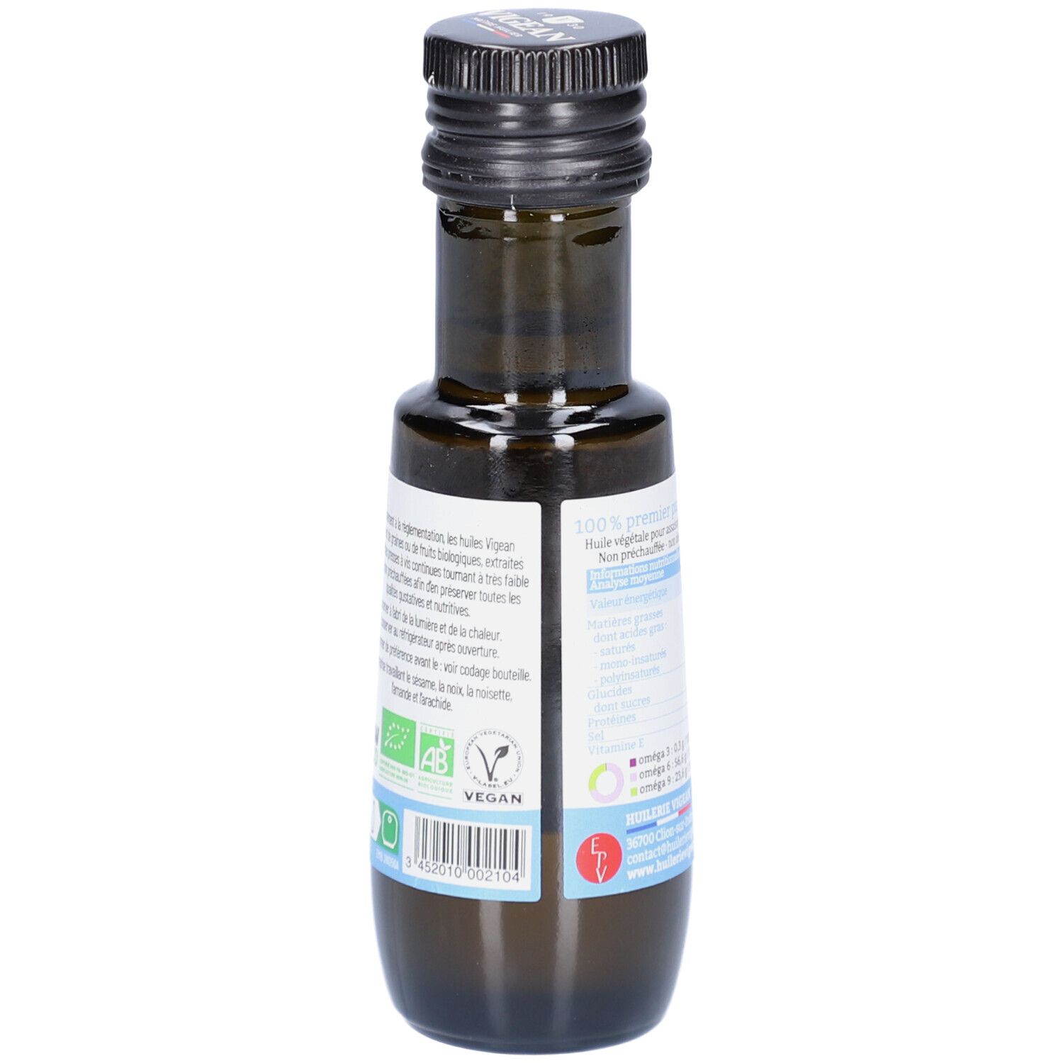 Rückansicht der braunen Glasflasche. Etikett mit Text und Logos. Schwarzer Deckel. Grünes Bio-Siegel.