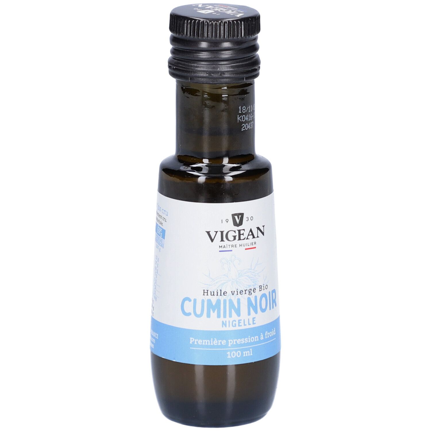 Braune Glasflasche mit schwarzem Deckel. Etikett mit "VIGEAN" und "CUMIN NOIR". Blaue Banderole mit Text. 100 ml.