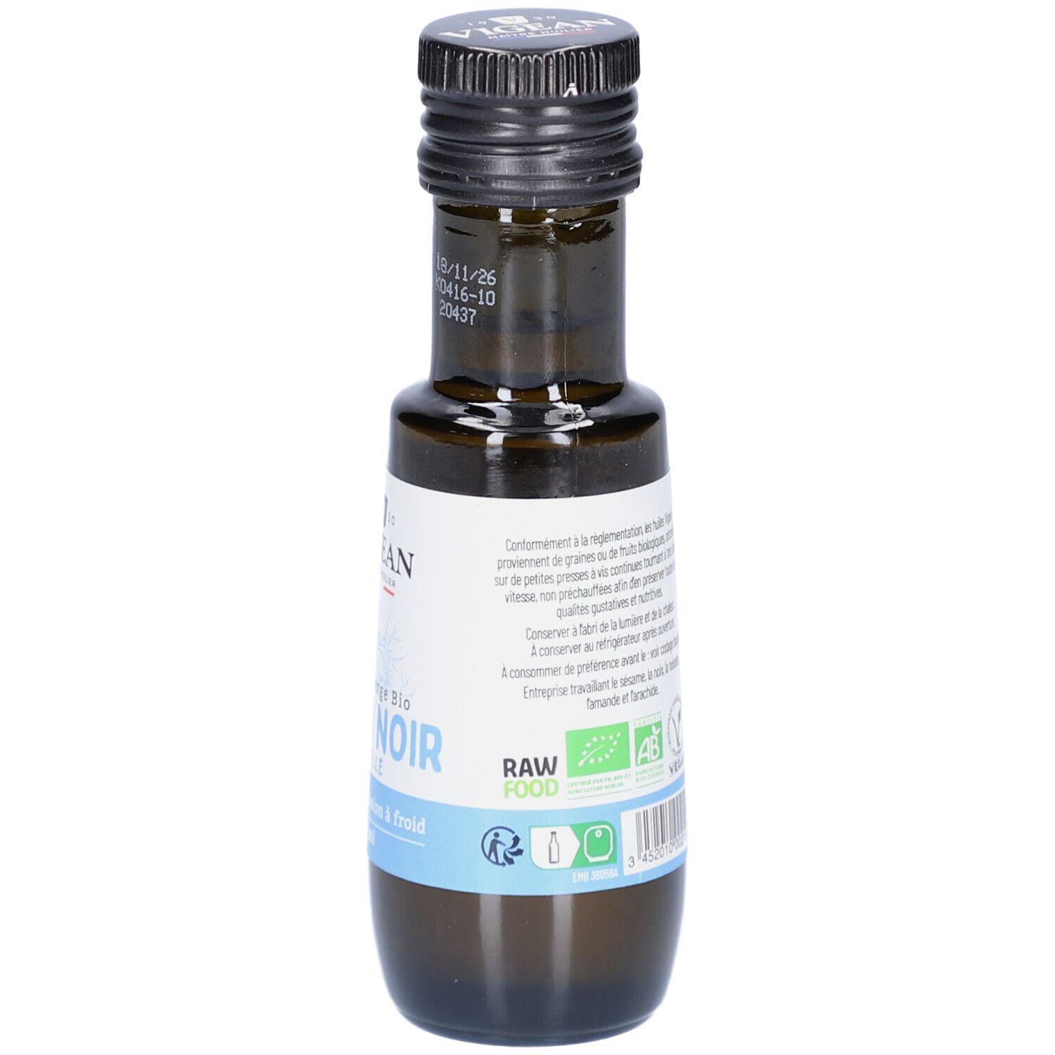 Rückansicht der braunen Glasflasche. Etikett mit Text und Logos. Schwarzer Deckel. Grünes Bio-Siegel.