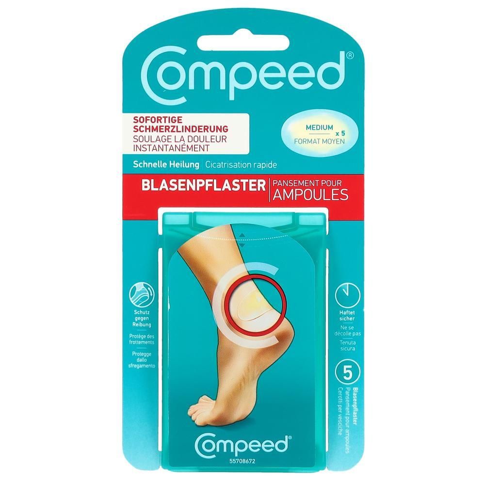 Verpackung mit Compeed Blasenpflaster. Zeigt ein Fuß mit rotem Kreis um eine Blase. Text: Sofortige Schmerzlinderung, schnelle Heilung, Medium.