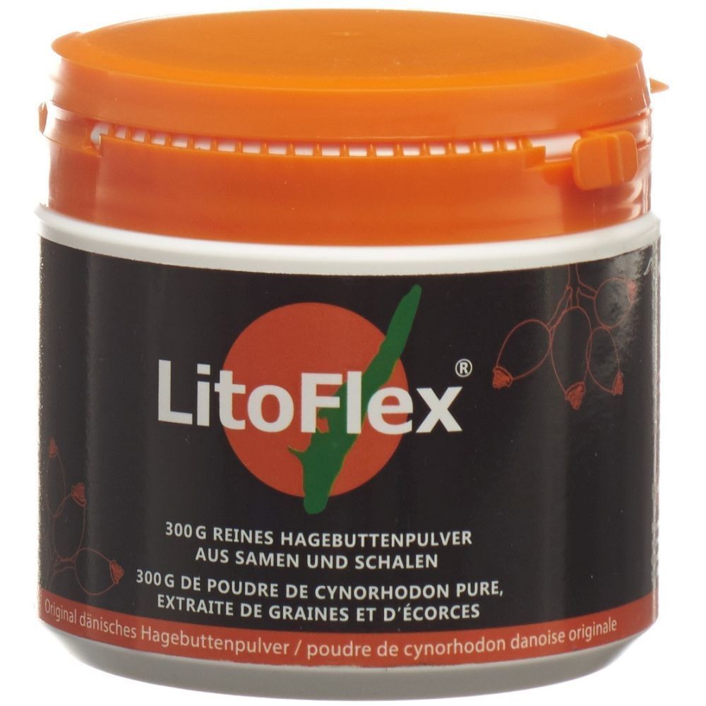 Dose LITOFLEX, orange Deckel, schwarzer Behälter. 300g reines Hagebuttenpulver. Text: LitoFlex, Logo, Produktname.