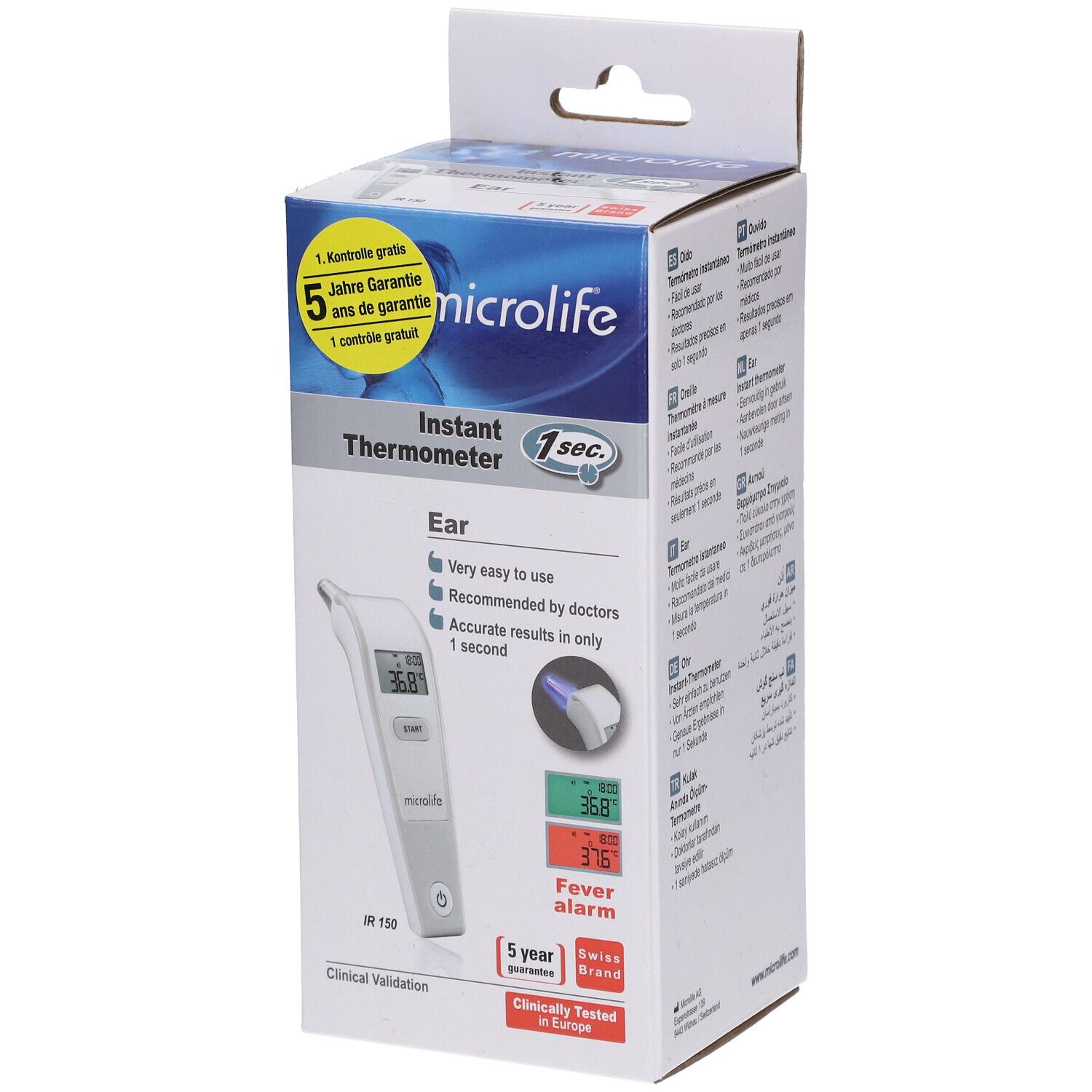 Verpackung mit Ohr-Thermometer. Aufdrucke: Microlife, Instant Thermometer, 5 Jahre Garantie. Produktabbildung.