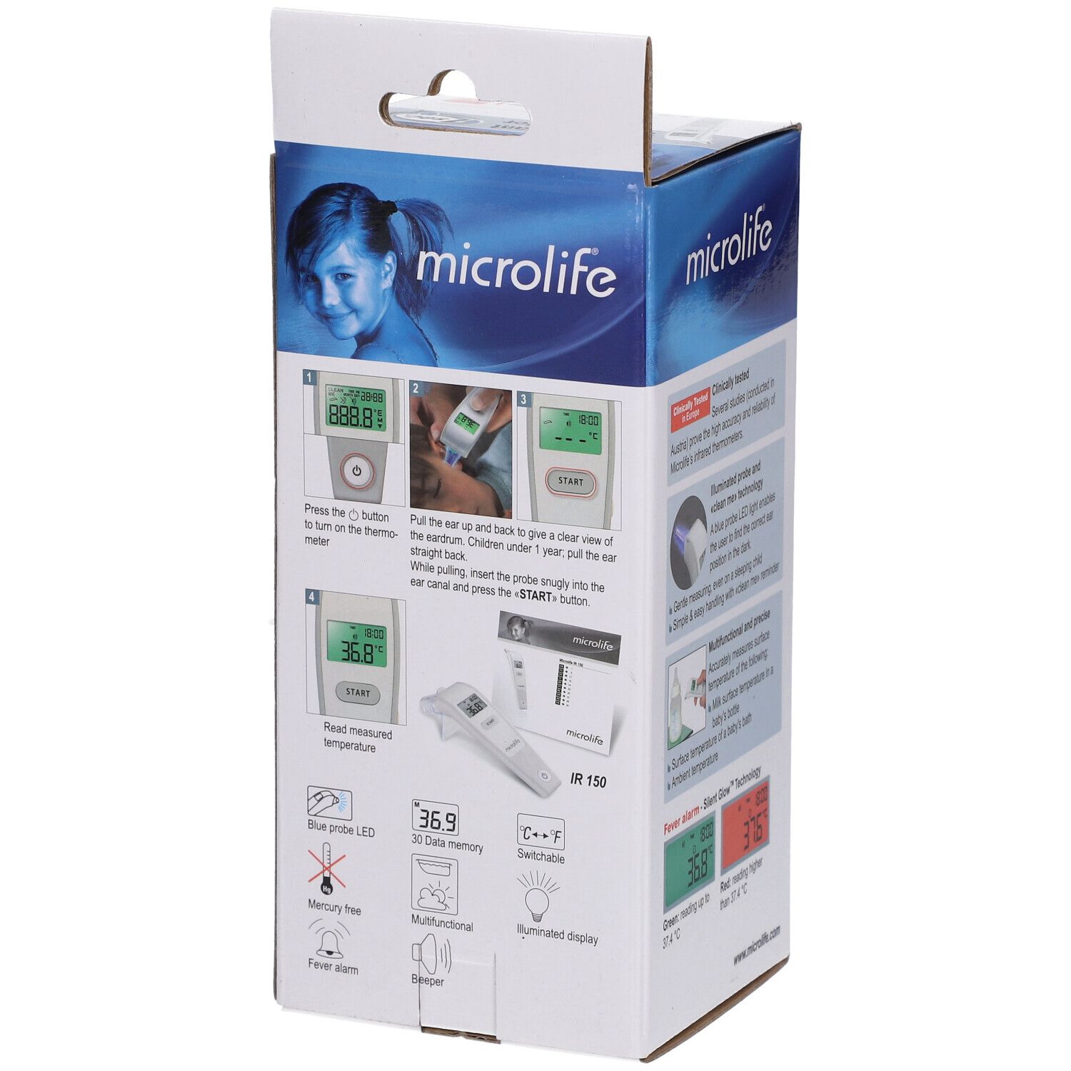 Verpackung mit Ohr-Thermometer. Aufdrucke: Microlife, Instant Thermometer, Produktabbildungen und Anwendungsbeispiele.