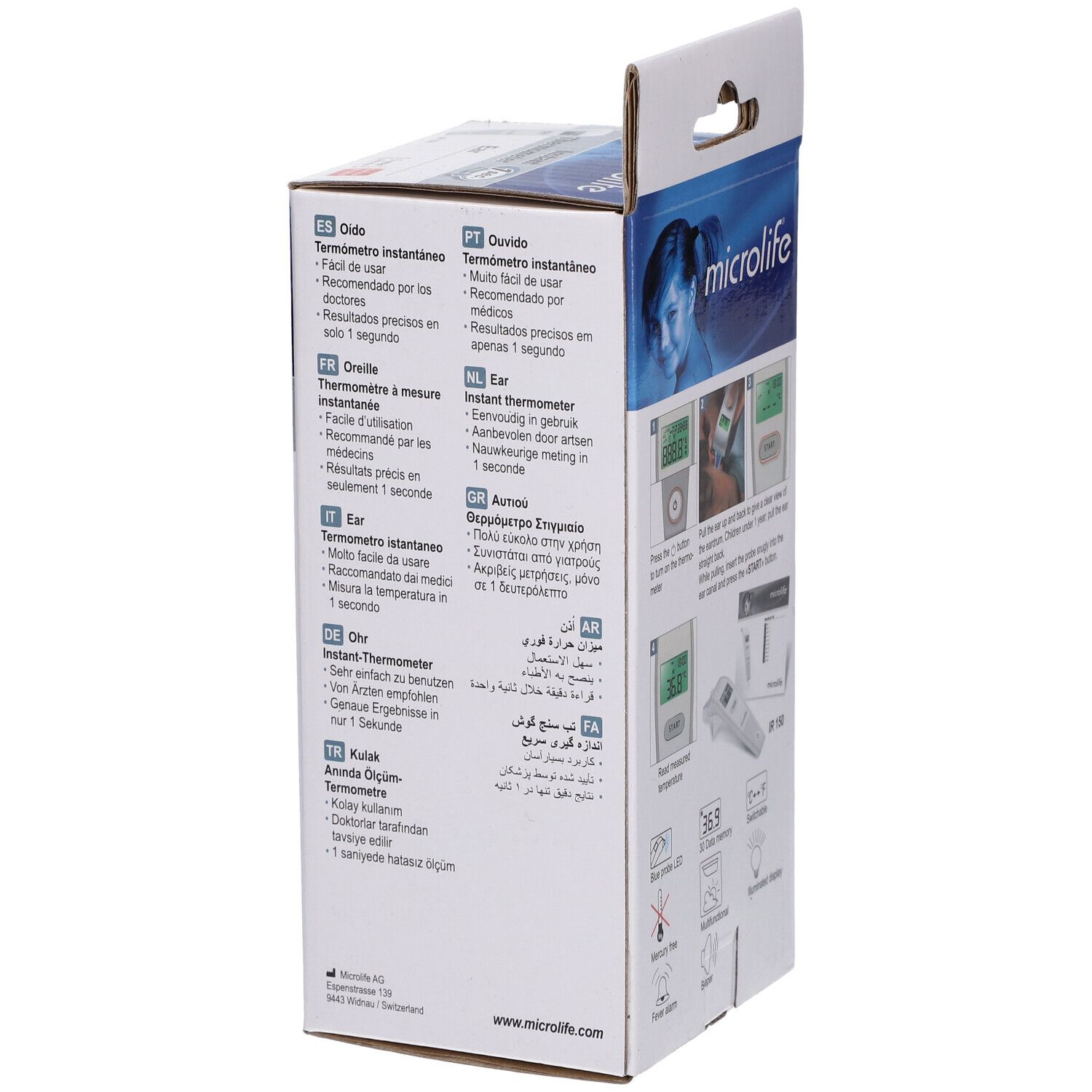 Verpackung mit Ohr-Thermometer. Aufdrucke: Microlife, Instant Thermometer, mehrsprachige Produktinformationen.