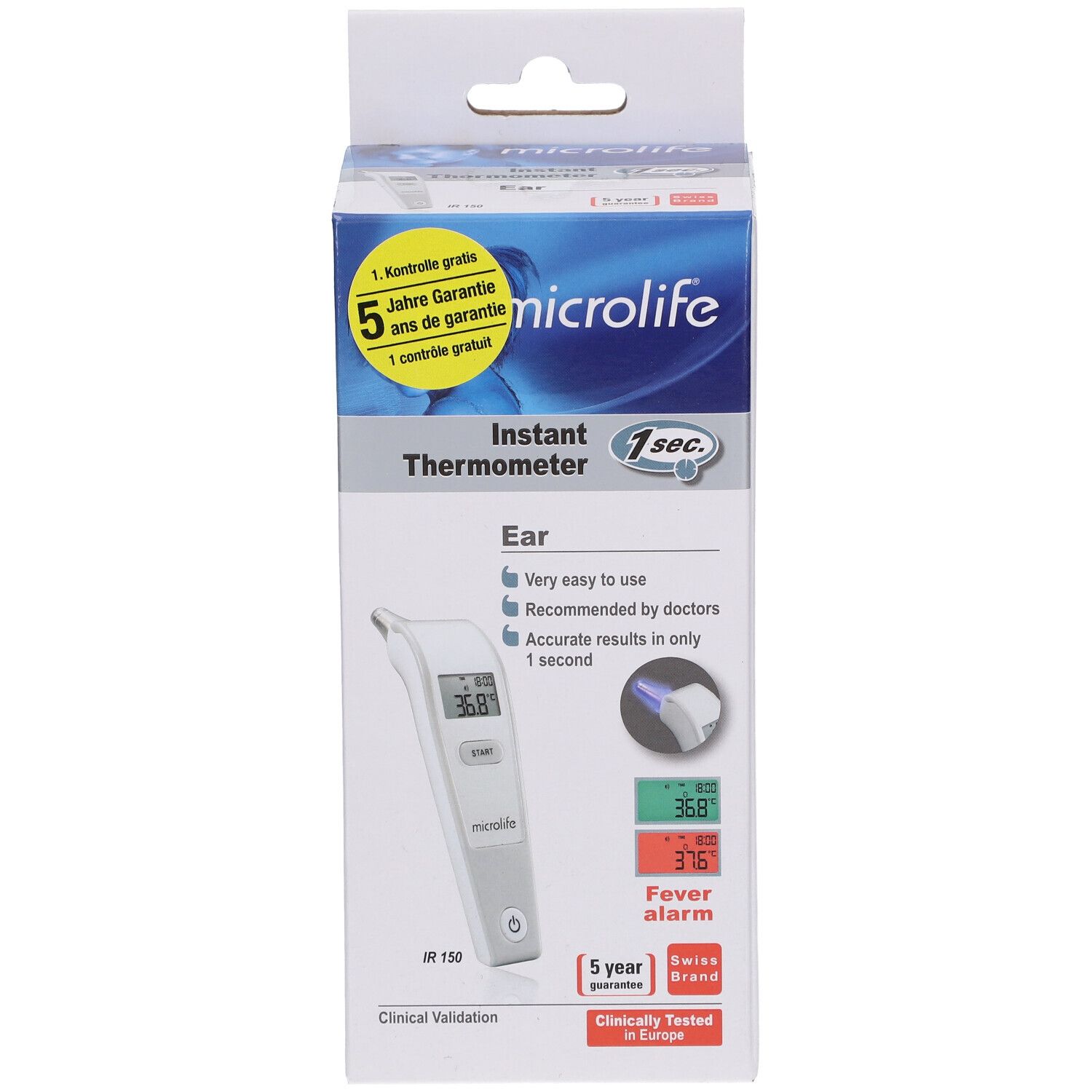 Verpackung mit Ohr-Thermometer. Aufdrucke: Microlife, Instant Thermometer, 5 Jahre Garantie. Produktabbildung.