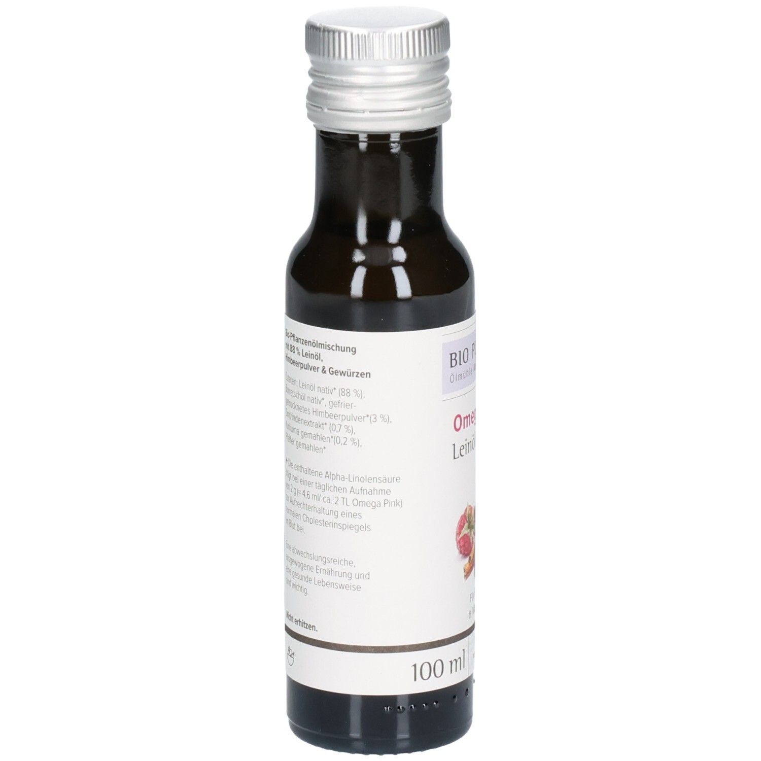 Rückseite der Flasche. Etikett mit Zutatenliste und Nährwertangaben. Bio-Siegel und Vegan-Logo.