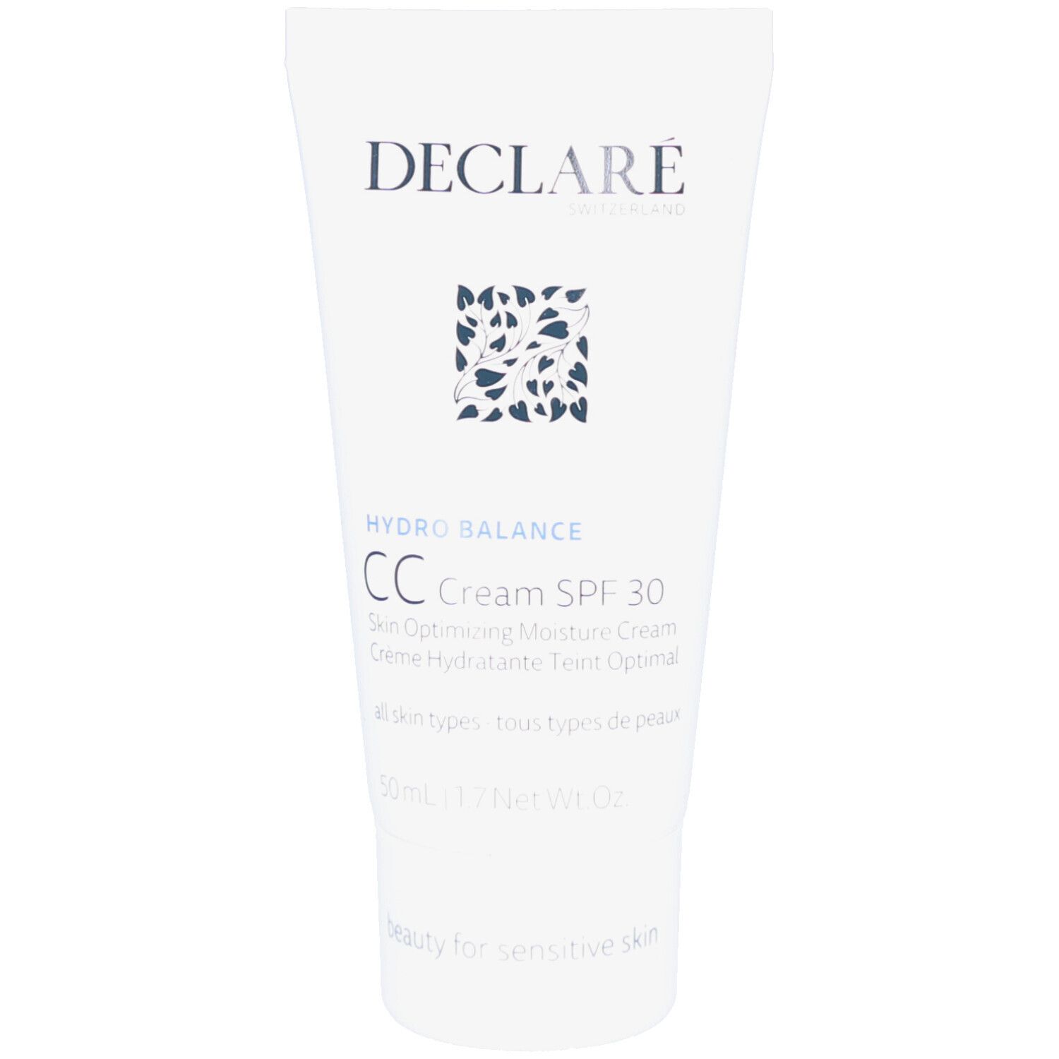 Tube blanc avec logo DECLARÉ, motif floral et texte: HYDRO BALANCE CC Cream SPF 30. 50ml.