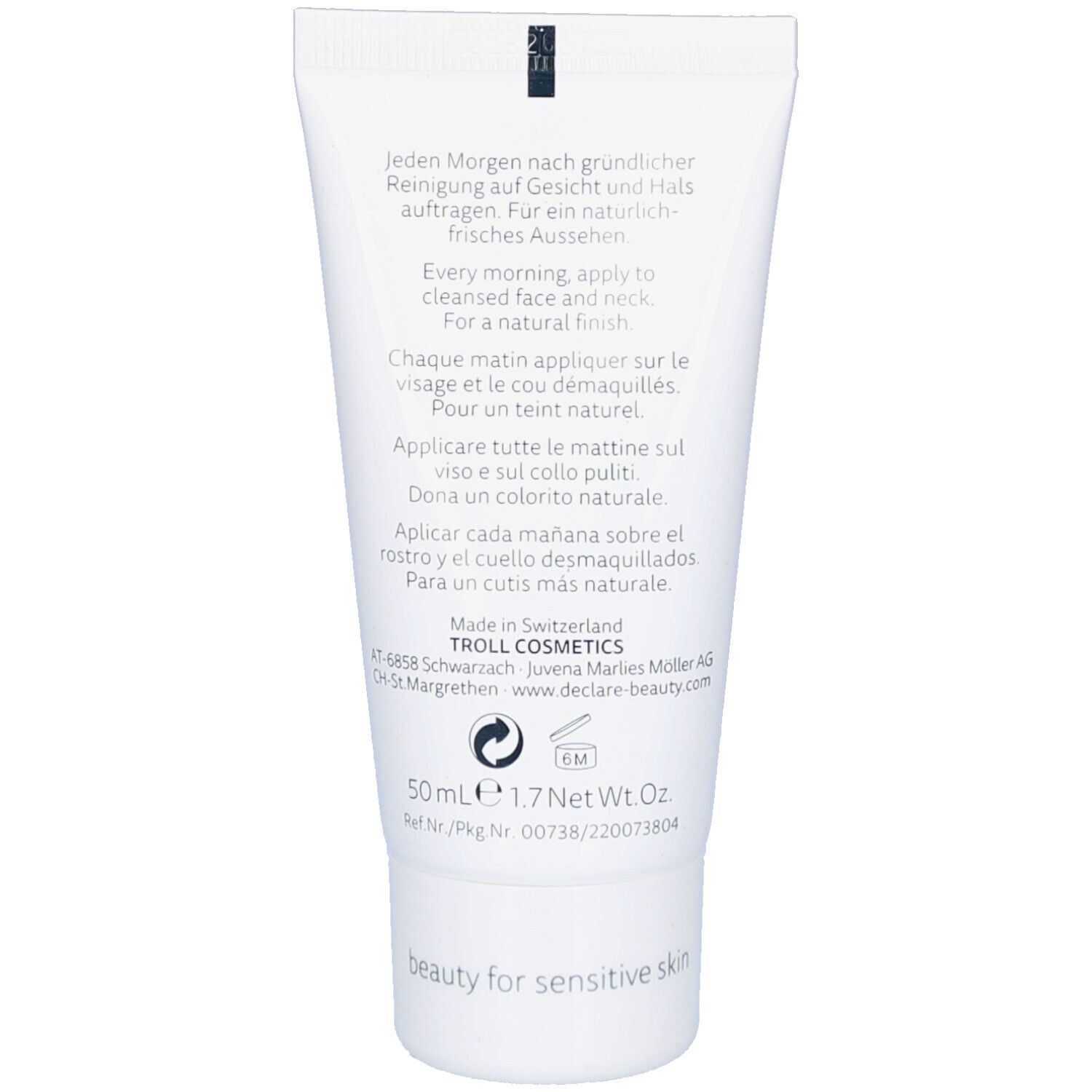 Dos d'un tube blanc. Texte: Instructions d'utilisation en allemand, anglais, français, italien et espagnol. 50ml.