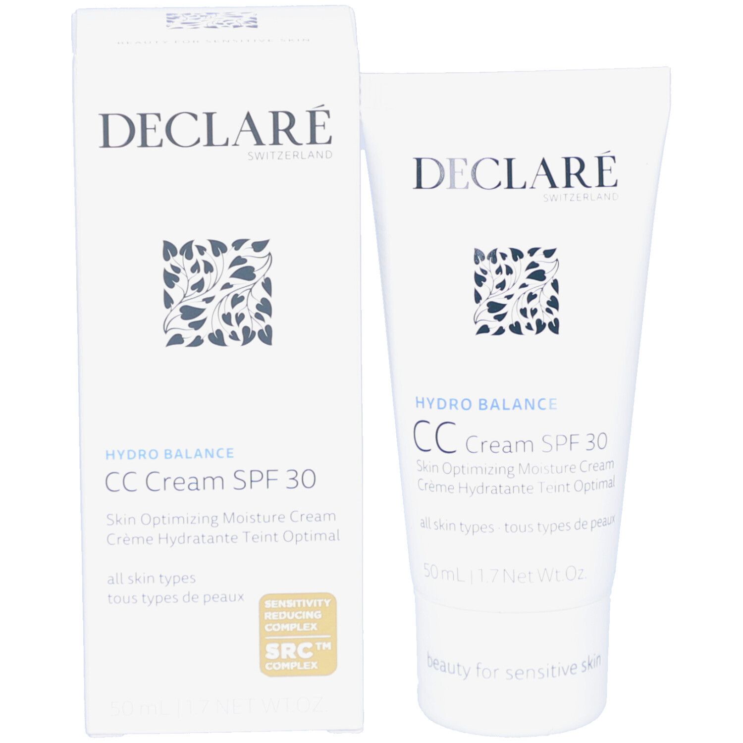 Tube et boîte blancs. Logo DECLARÉ, motif floral et texte: HYDRO BALANCE CC Cream SPF 30. 50ml. Sceau SRC.