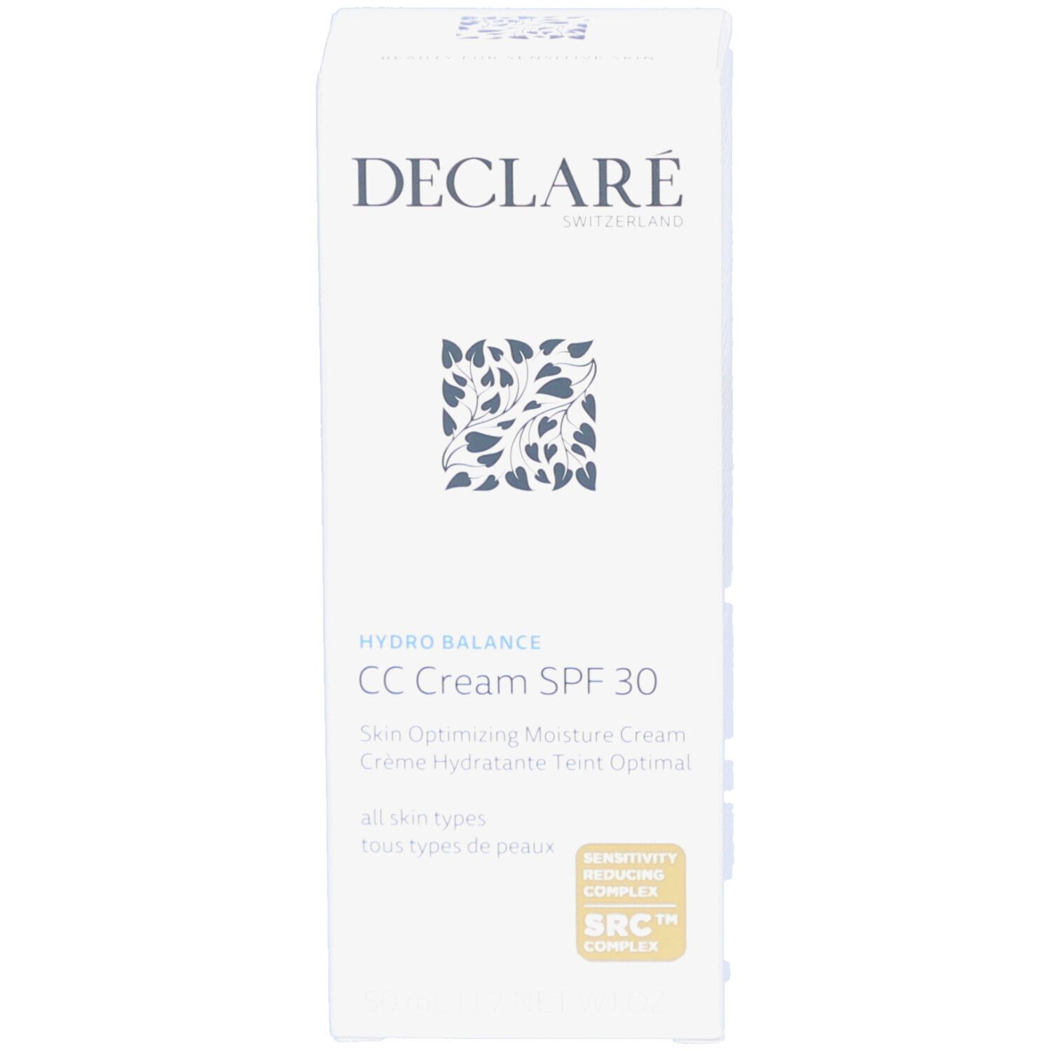 Boîte blanche avec logo DECLARÉ, motif floral et texte: HYDRO BALANCE CC Cream SPF 30. Sceau SRC.