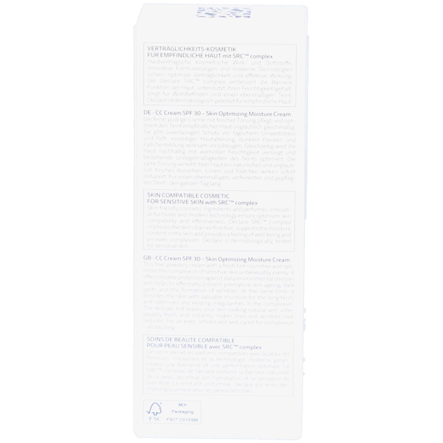 Boîte blanche, texte multilingue: instructions d'utilisation, ingrédients. Sceau SRC.