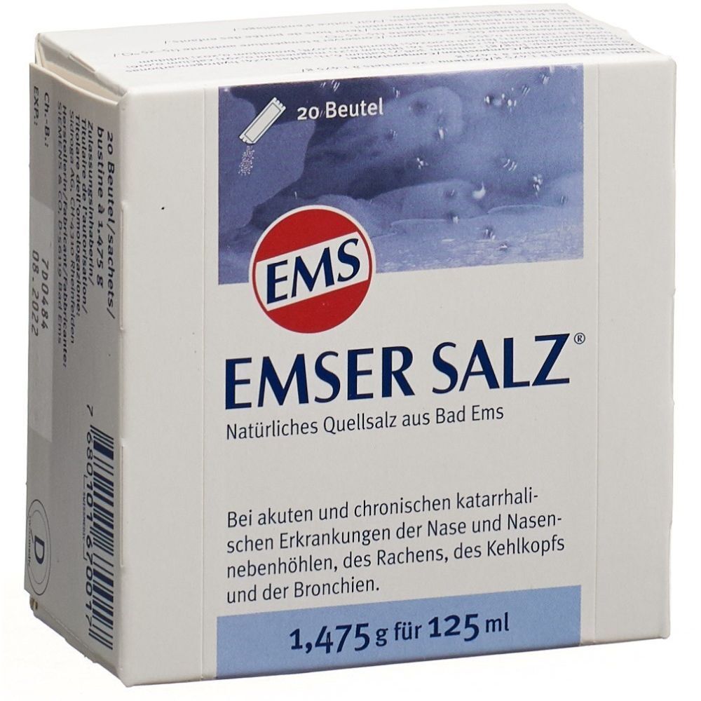 Weiße Schachtel mit "EMSER SALZ"-Logo. Text: "20 Beutel", "1,475 g für 125 ml". Beschriftung für akute und chronische Erkrankungen.
