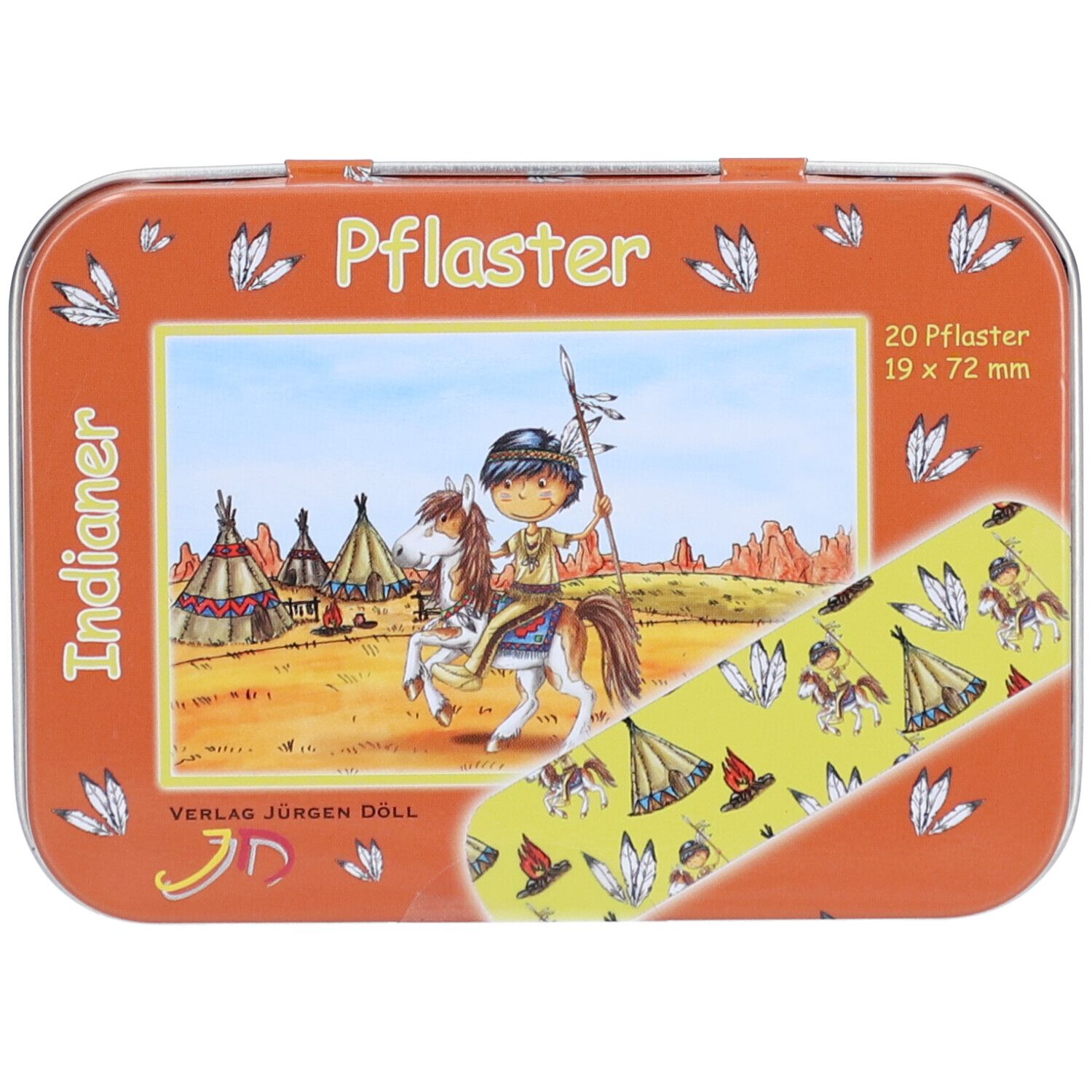 Metallbox mit Indianer-Motiv und Pflastern. Aufdruck: 20 Pflaster, 19 x 72 mm. Gelbe Pflaster mit Indianer-Design.