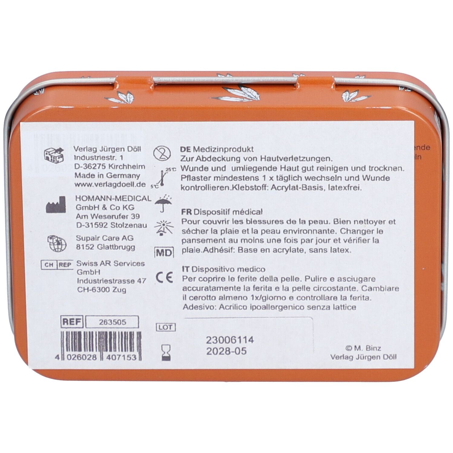 Rückseite der Metallbox mit Text. Text in Deutsch: Medizinprodukt. Hersteller: Verlag Jürgen Döll. Inhaltsstoffe: Acrylat-Basis, latexfrei.