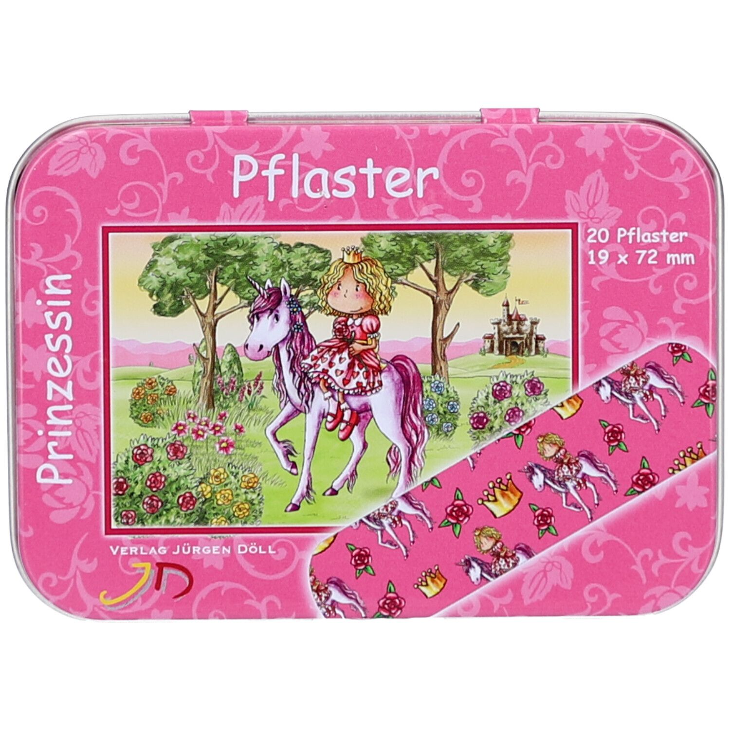 Boîte rose avec 20 pansements. Impression: Princesse sur licorne. Un pansement à côté. Texte: Pflaster, 19 x 72 mm.