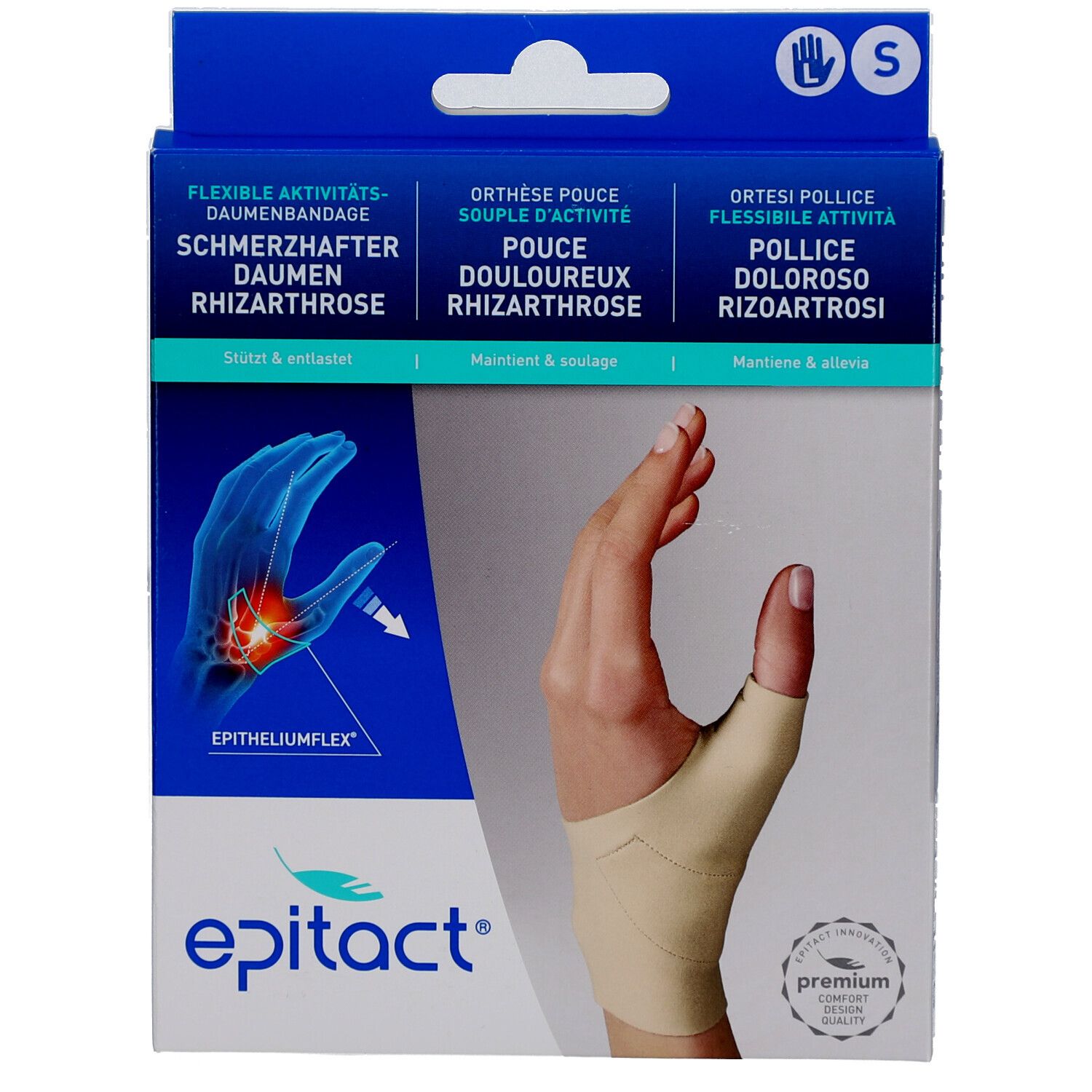 Verpackung der Daumenbandage. Produktname: EPITACT. Größe S. Beige Bandage am Handmodell. Text: Flexible Aktivitäts-Daumenbandage.