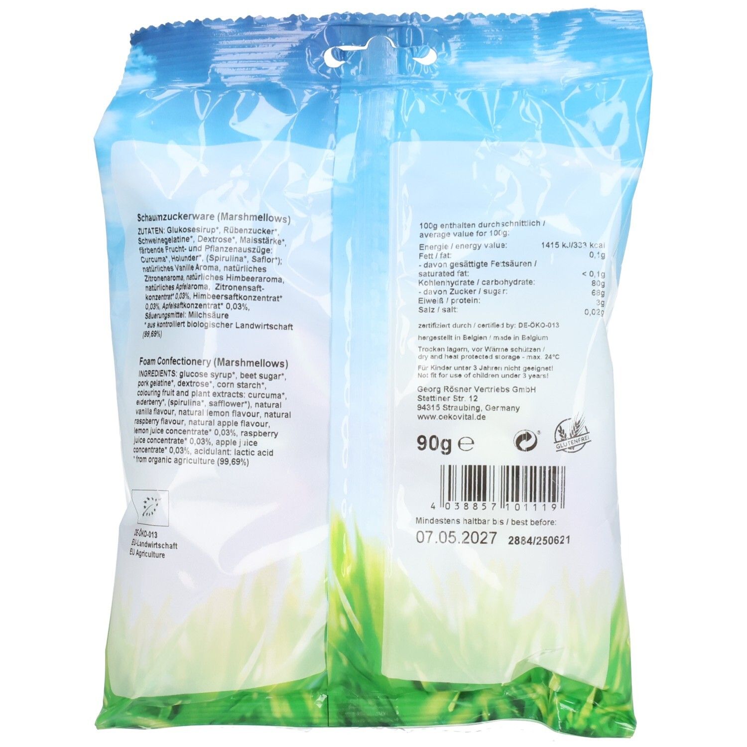 Dos de l'emballage de guimauves Ökovital Bio-Frutti-Mellows. Texte avec informations nutritionnelles, ingrédients et informations fabricant. 90g.