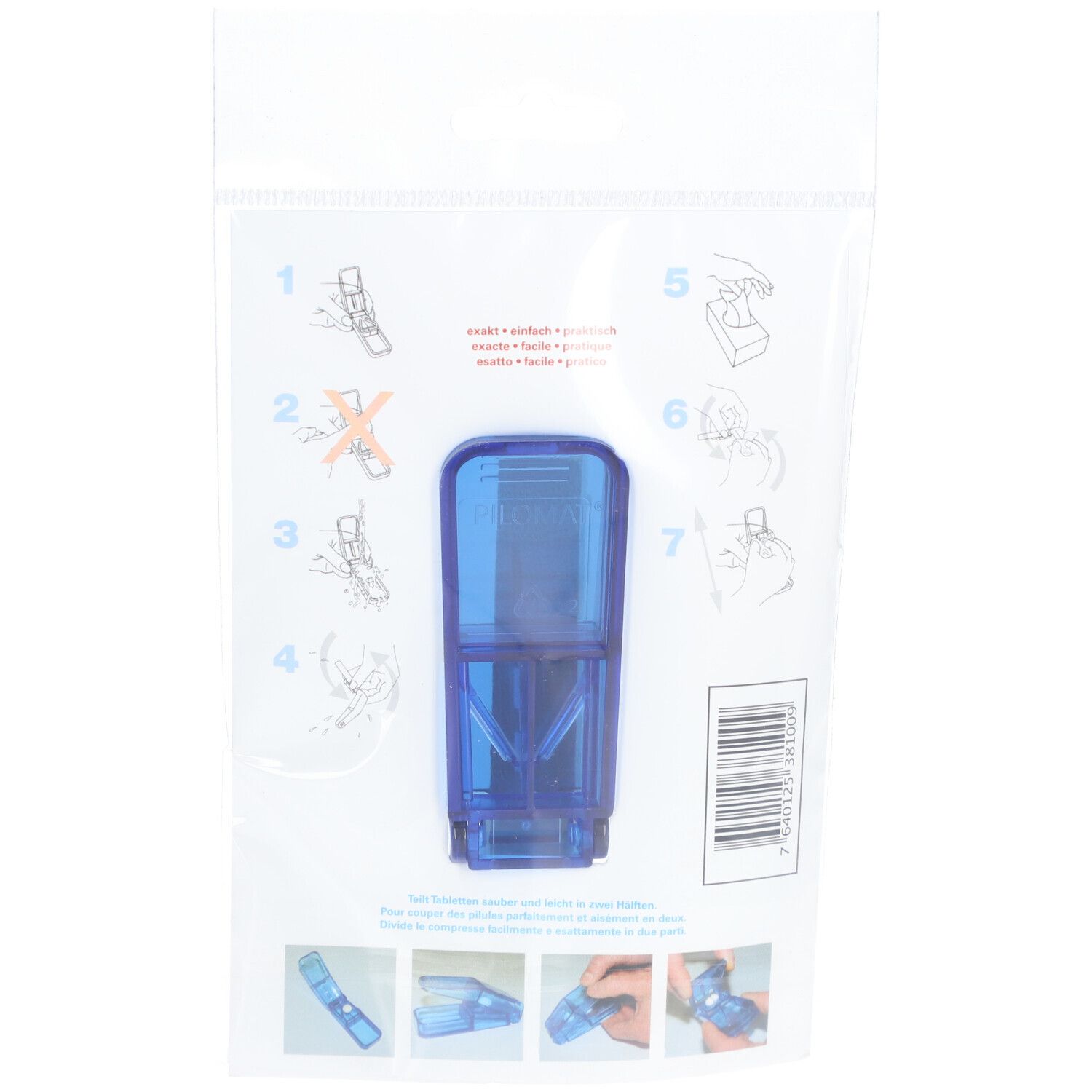 Rückseite des Tablettenteilers in Verpackung. Blaue Tablettenteiler-Abbildung, Anweisungen, Barcode.