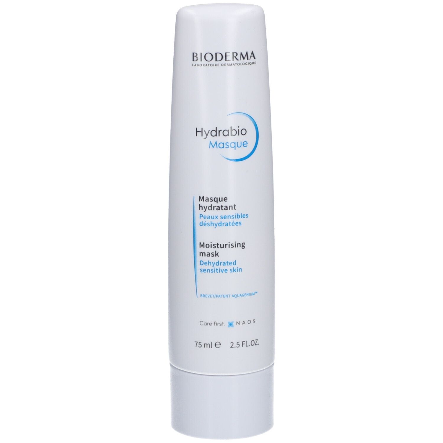 Tube blanche avec étiquette bleue. Inscription: BIODERMA, Hydrabio Masque, Moisturising mask. 75 ml.