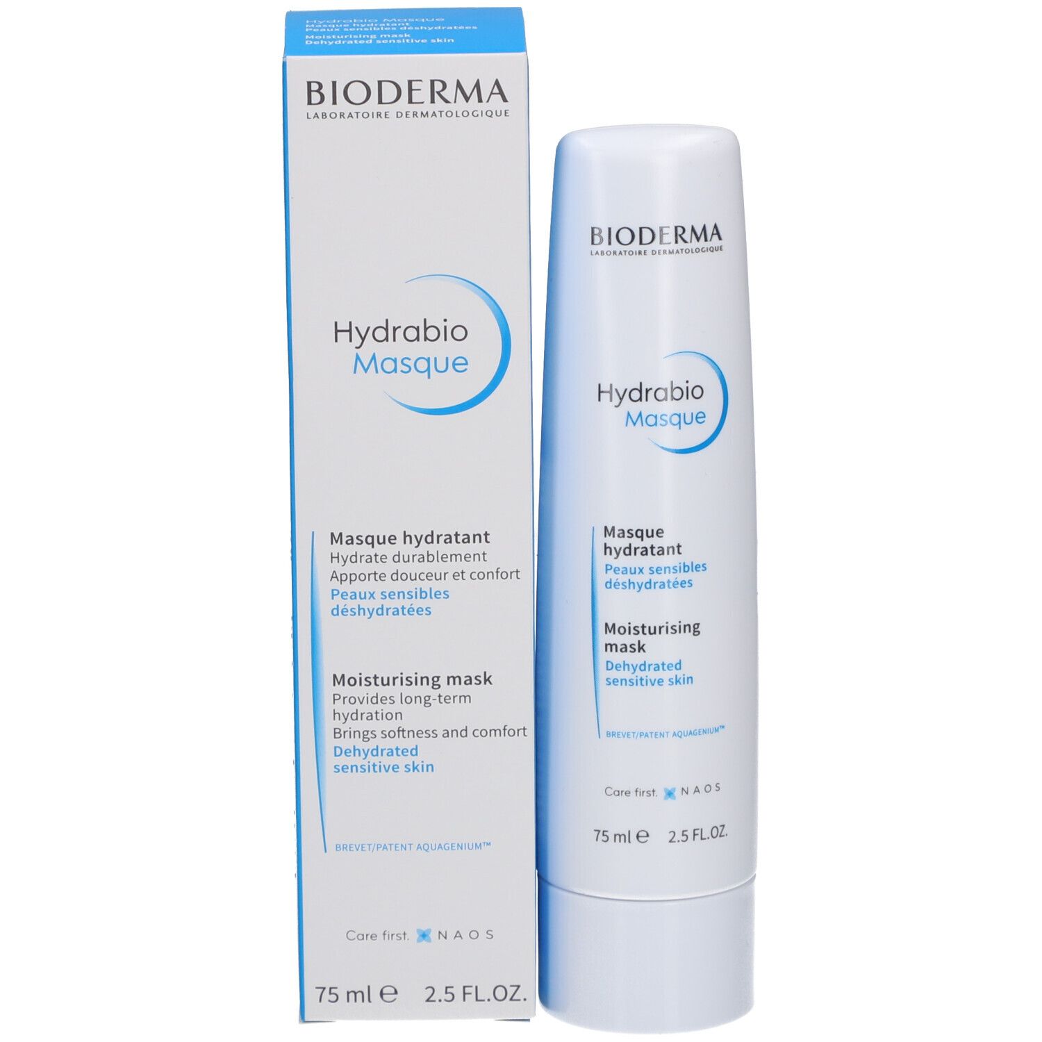 Emballage du produit avec tube. Boîte et tube avec BIODERMA, Hydrabio Masque. 75 ml.