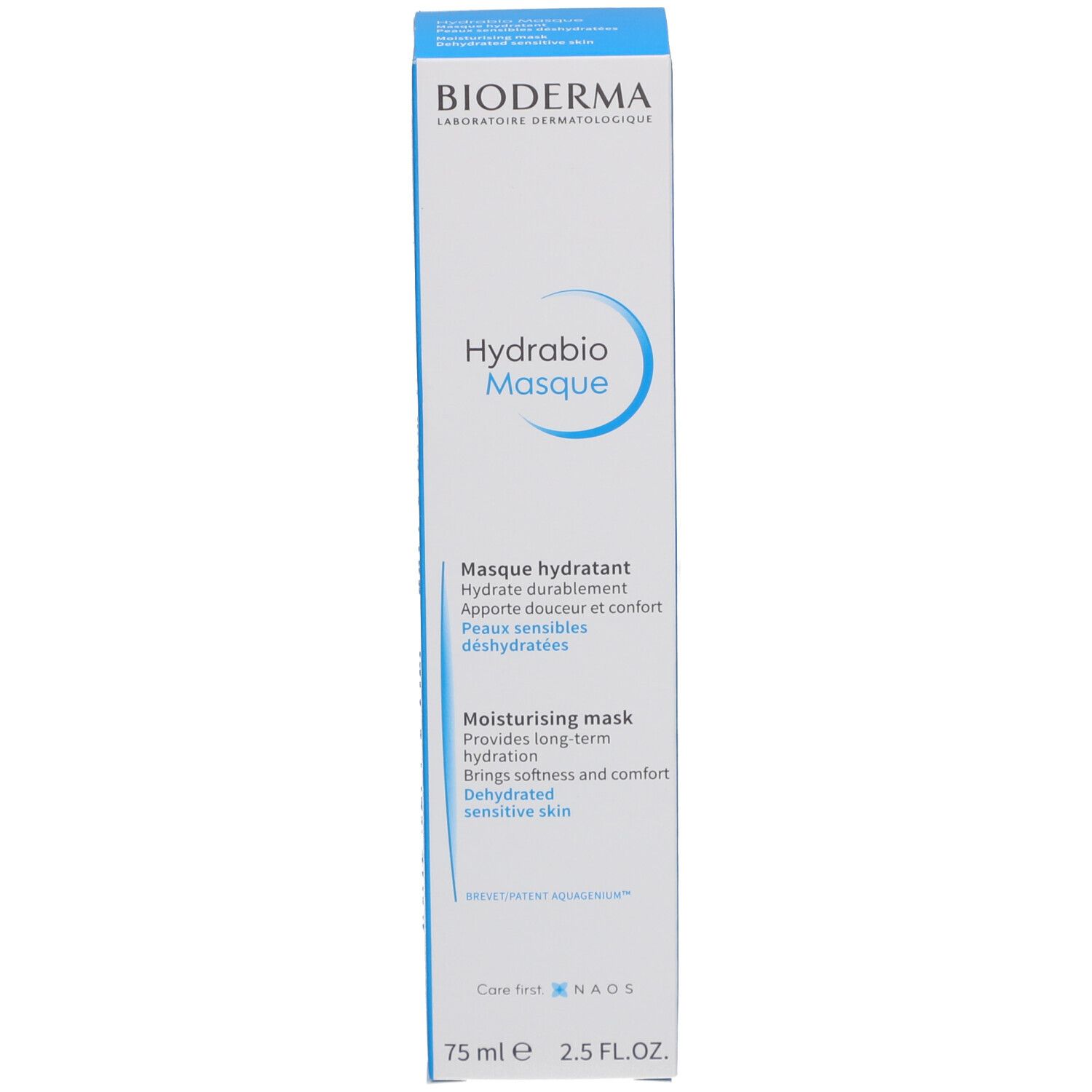 Emballage du produit. Boîte bleue avec BIODERMA, Hydrabio Masque. 75 ml.