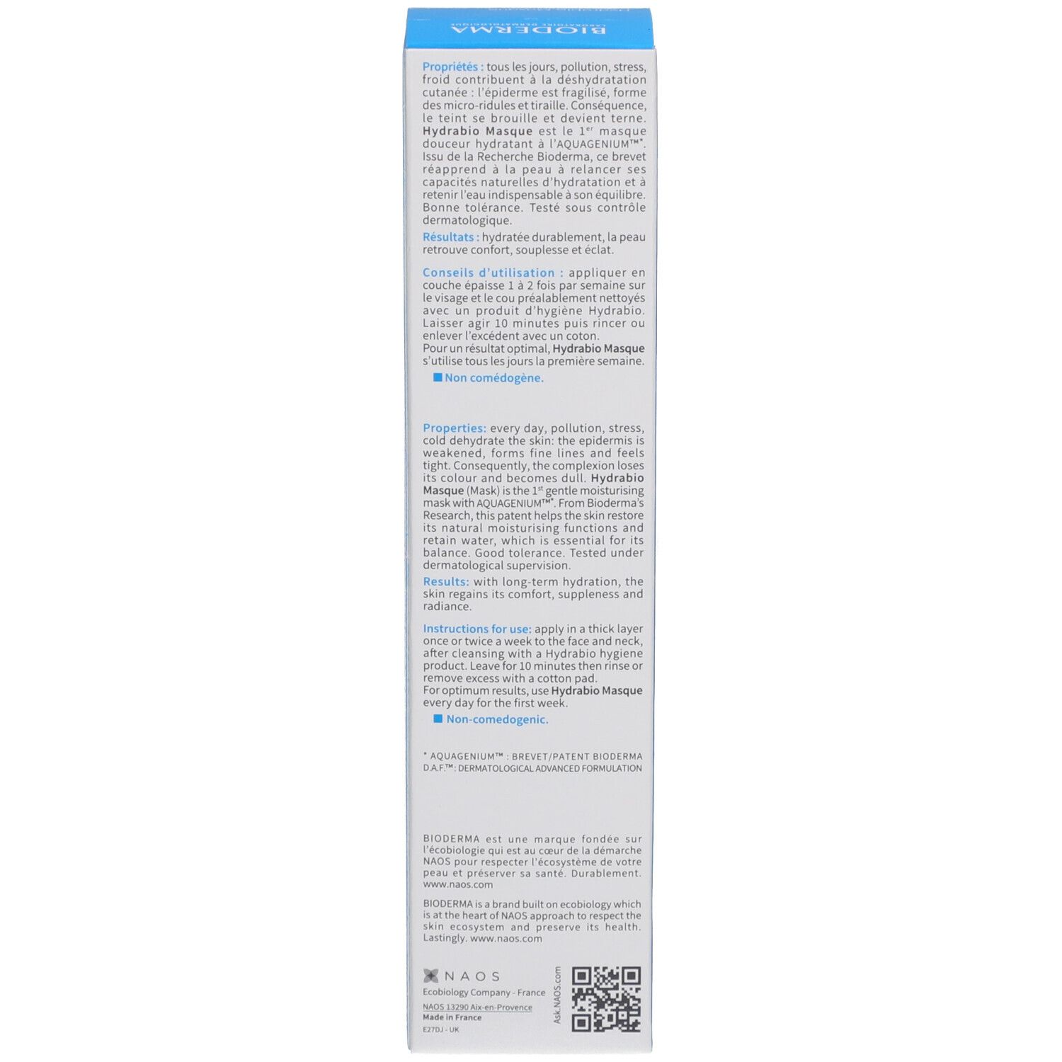 Côté de l'emballage du produit. Texte en plusieurs langues. Contient des informations sur l'utilisation et les ingrédients.
