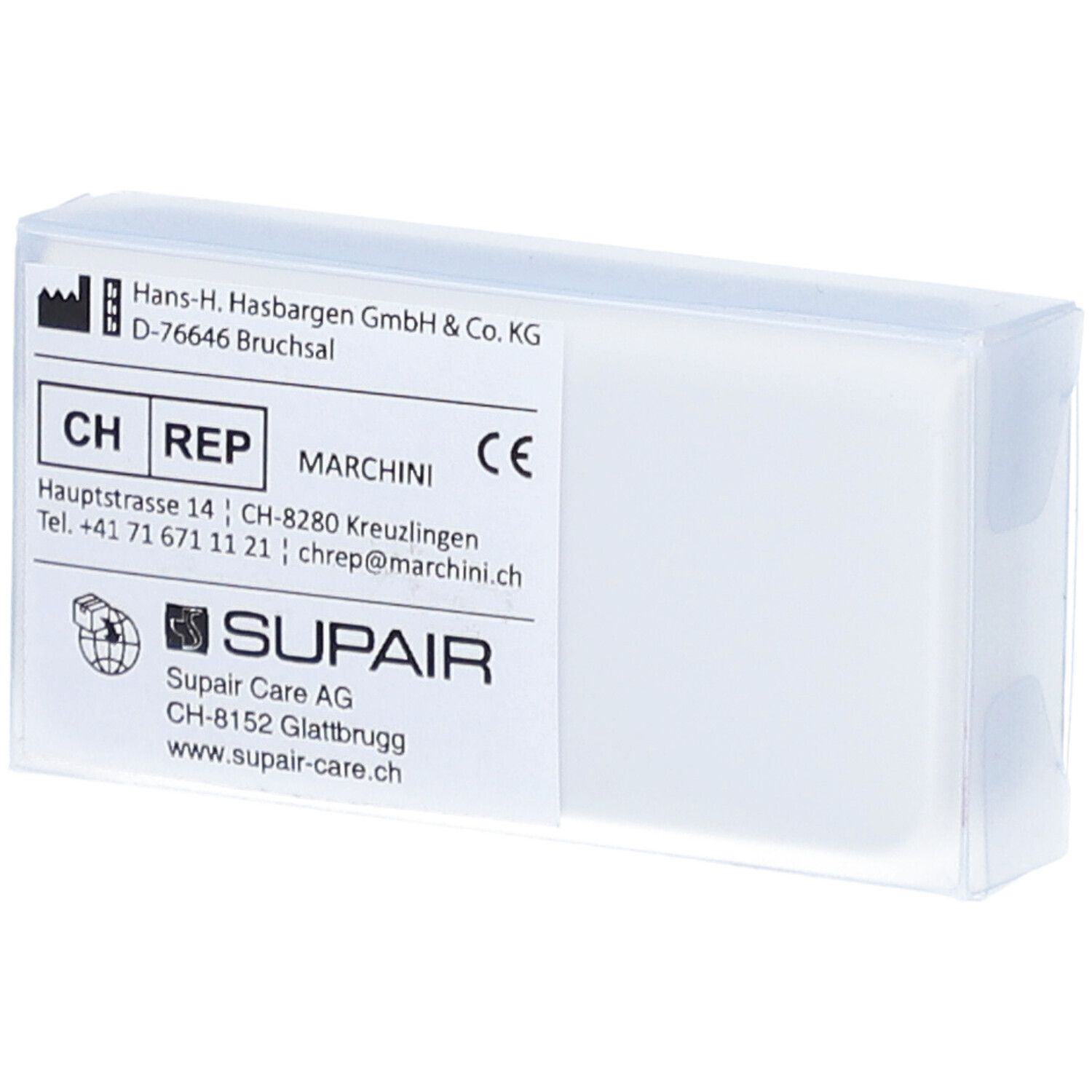 Transparente Kunststoffbox mit weißem Etikett. Etikett mit Text, Logo und CE-Kennzeichnung. SUPAIR-Logo sichtbar.