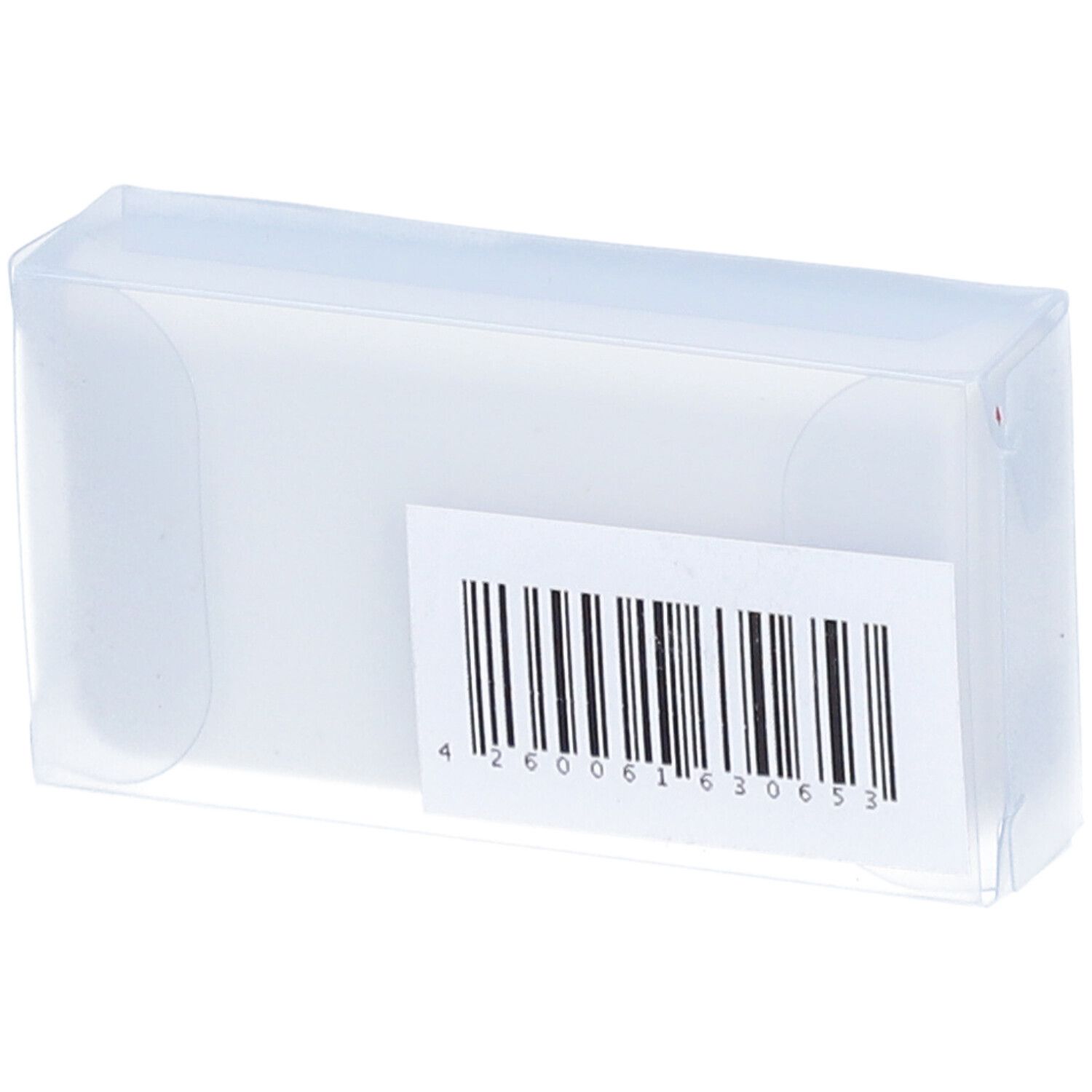 Transparente Kunststoffbox mit Barcode-Etikett. Barcode auf weißem Etikett. Box rechteckig.