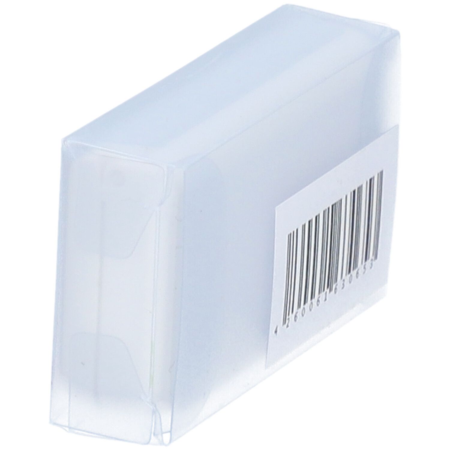 Schräg gestellte transparente Kunststoffbox mit Barcode-Etikett. Barcode auf weißem Etikett. Box rechteckig.