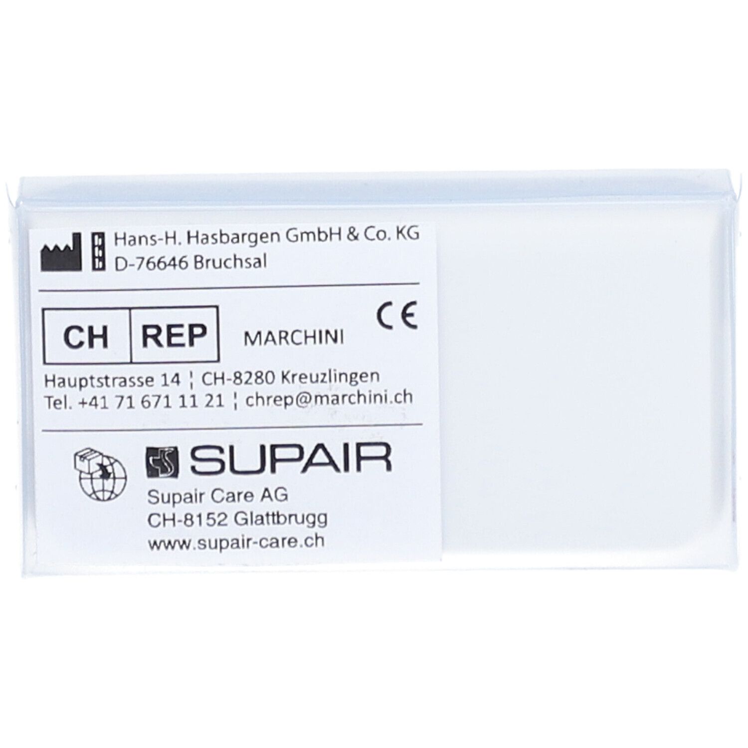 Transparente Kunststoffbox mit weißem Etikett. Etikett mit Text, Logo und CE-Kennzeichnung. SUPAIR-Logo sichtbar.