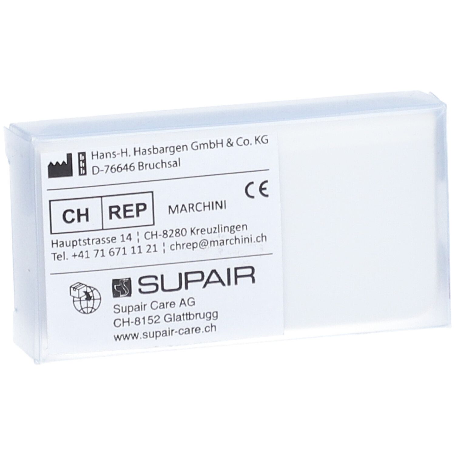 Transparente Kunststoffbox mit weißem Etikett. Etikett mit Text, Logo und CE-Kennzeichnung. SUPAIR-Logo sichtbar.