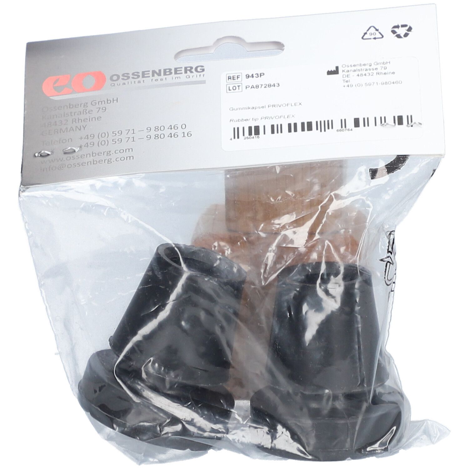 Schwarze Gummikapseln in Plastikverpackung. Auf der Verpackung steht OSSENBERG und weitere Informationen.