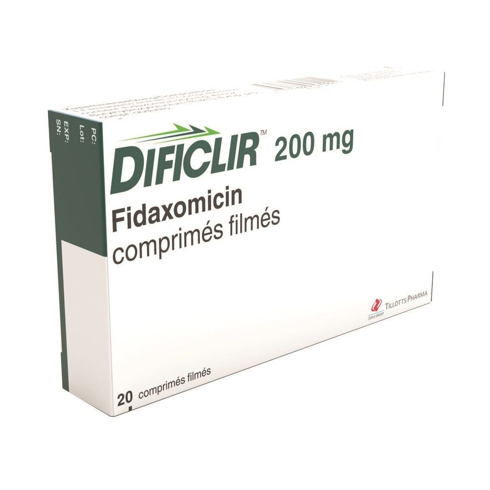 Weiße Tablettenbox mit grünem Logo und Schriftzug DIFICLIR 200 mg. Filmtabletten, 20 Stk.