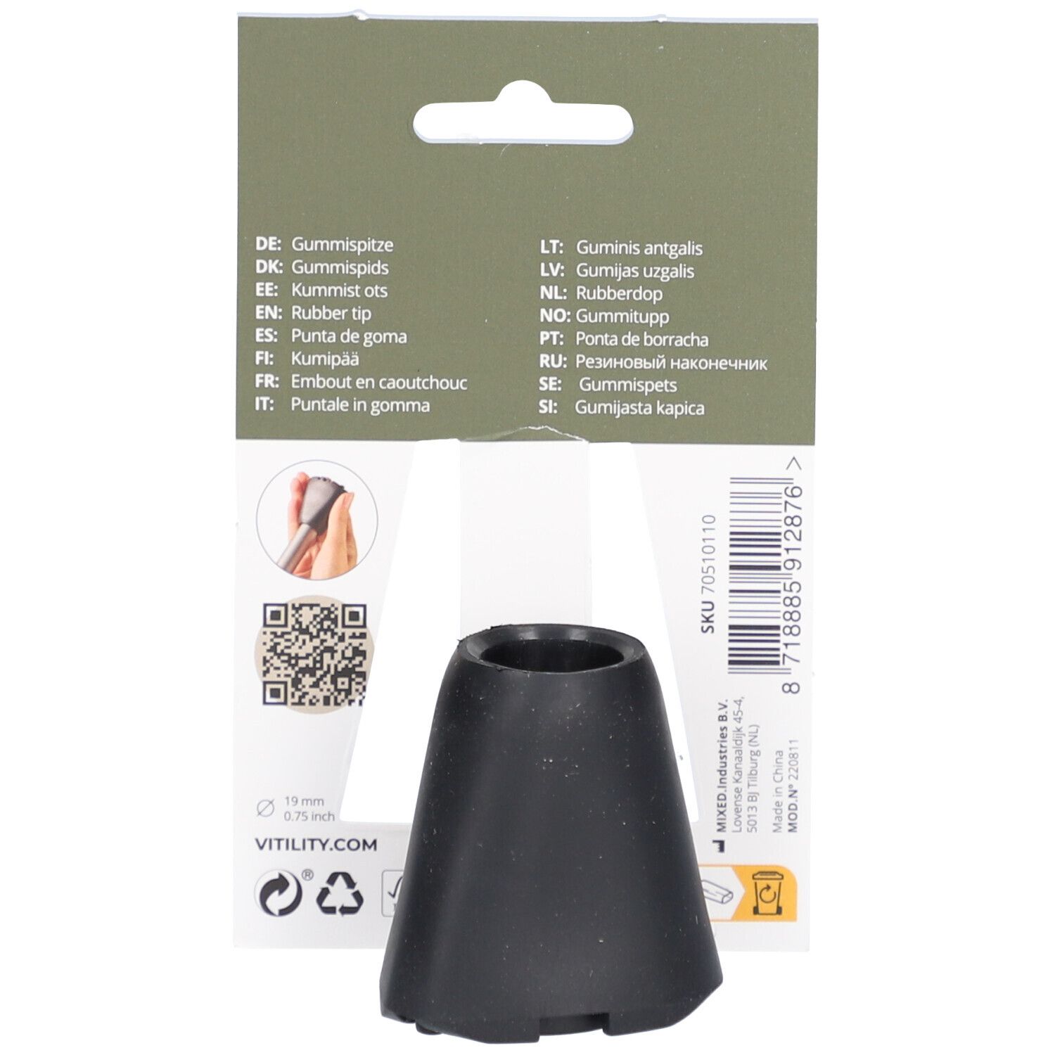 Dos de l'emballage de l'embout en caoutchouc. Désignations multilingues, QR code, taille.