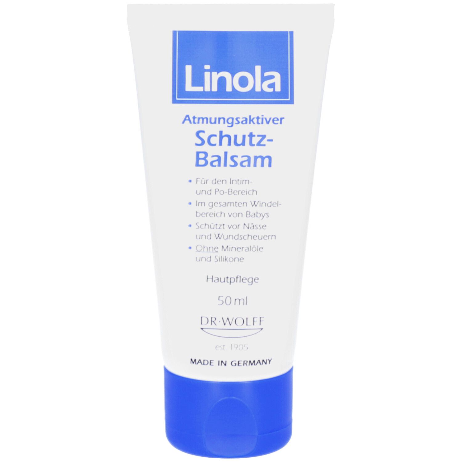 Weiße Tube mit blauem Deckel. Aufschrift: Linola, Schutz-Balsam. 50ml. Dr. Wolff.