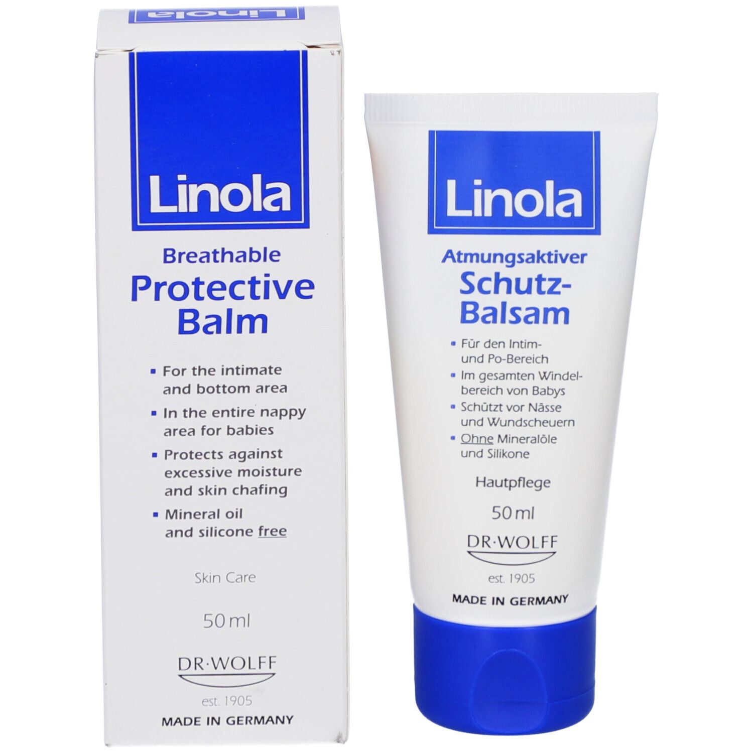 Produktverpackung: Tube und Schachtel. Aufschrift: Linola, Protective Balm. 50ml.