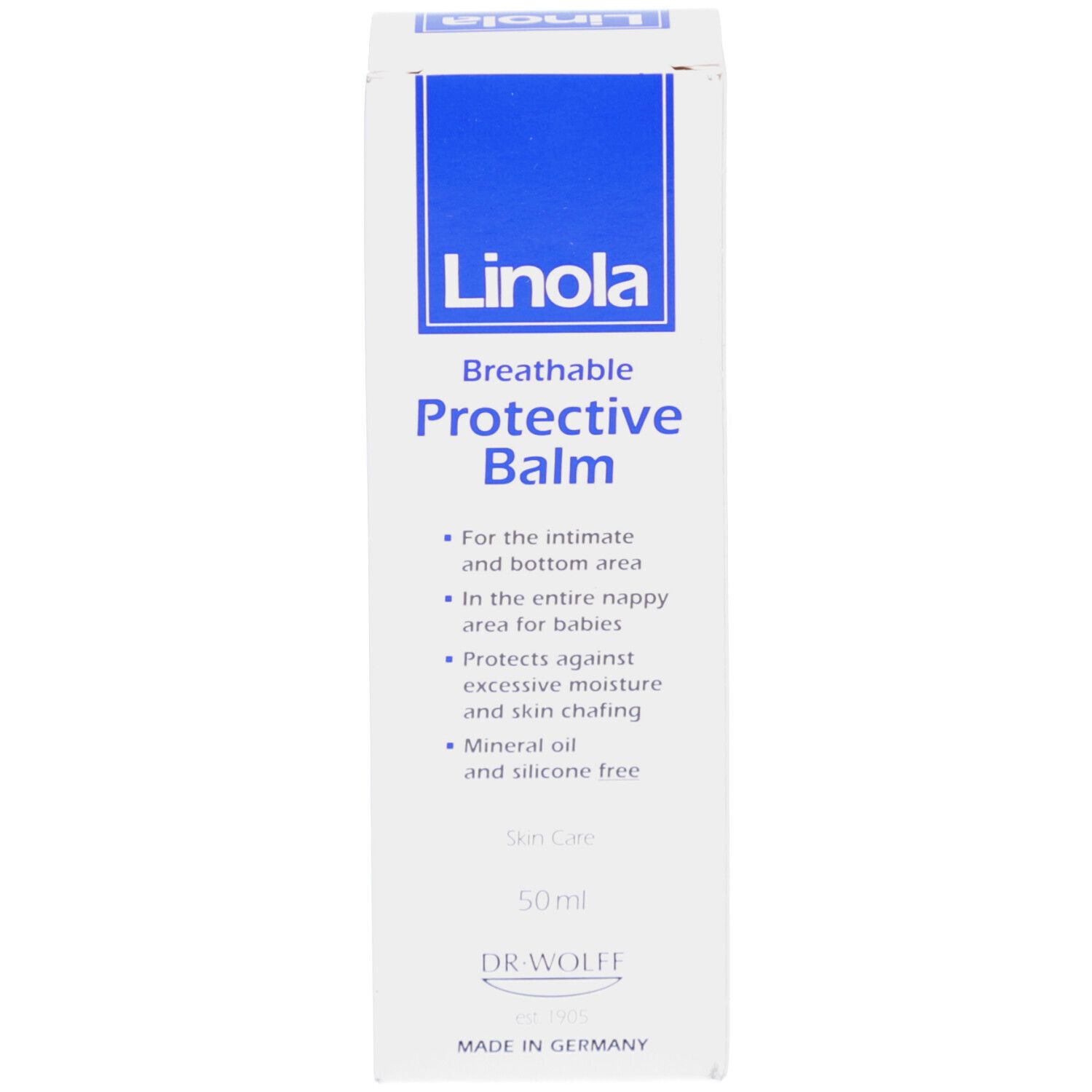 Weiße Schachtel mit blauer Aufschrift: Linola, Protective Balm. 50ml. Dr. Wolff.