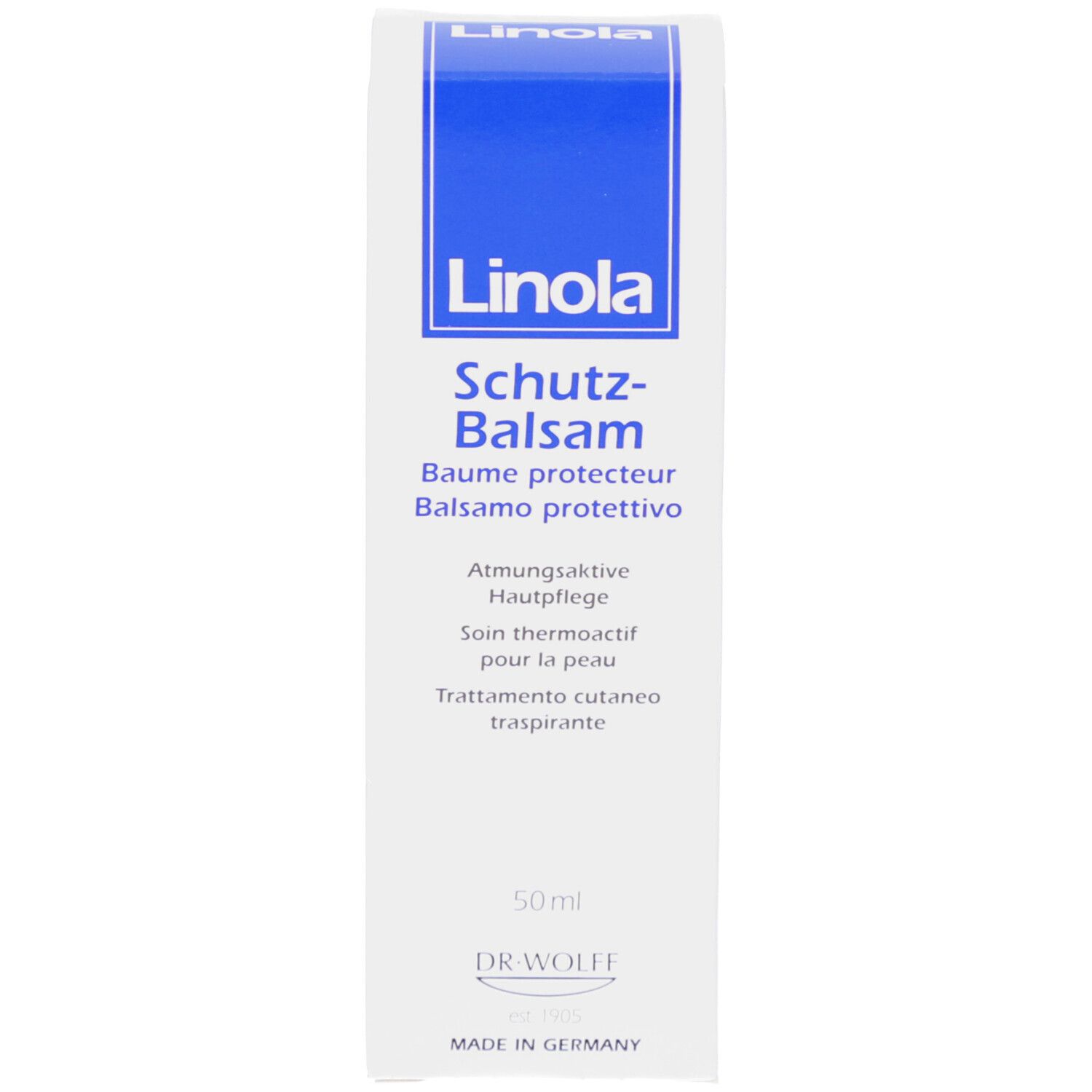 Weiße Schachtel mit blauer Aufschrift: Linola, Schutz-Balsam. 50ml.